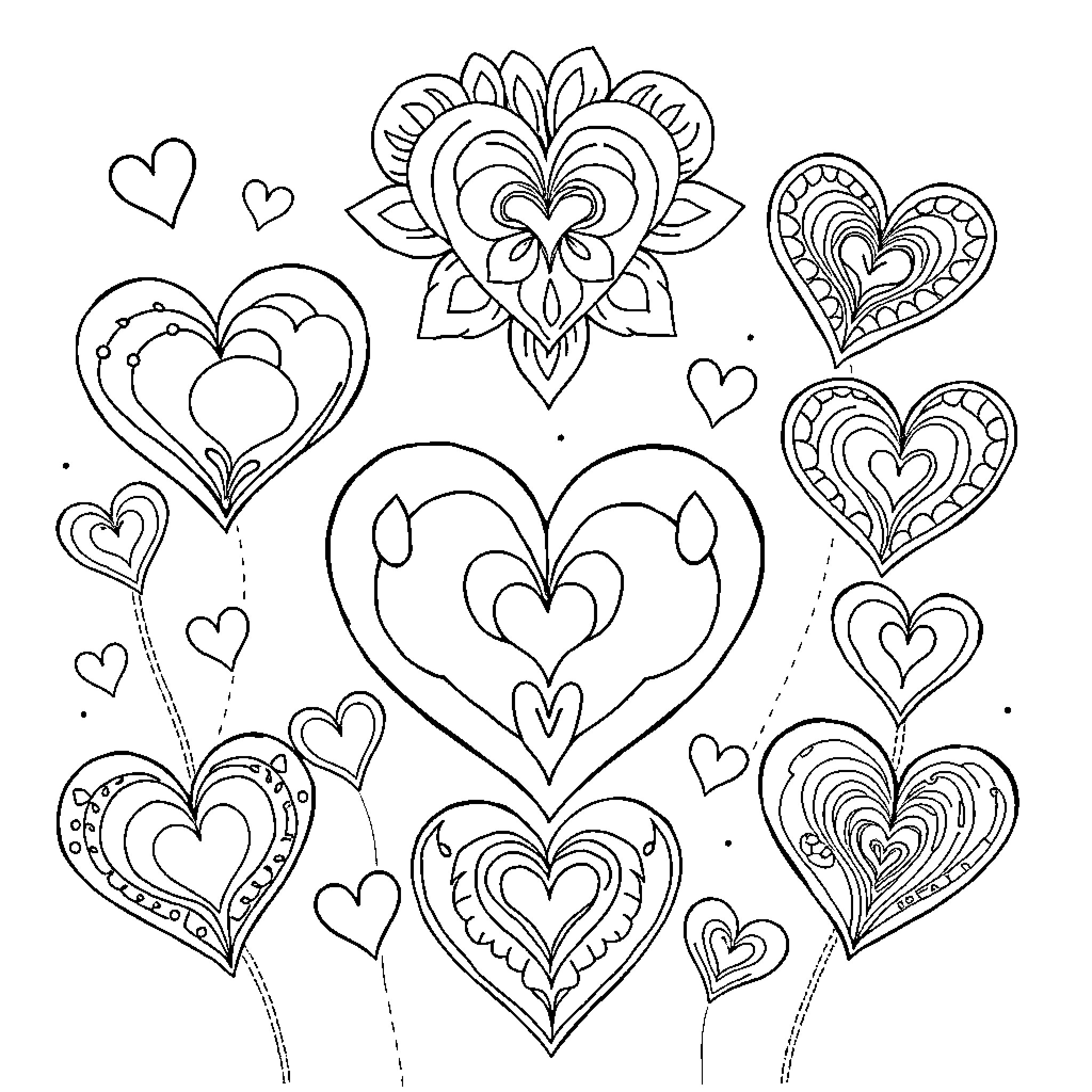 Heart-Shaped Designs with Floral Patterns Coloring Page (free black-and-white line drawing printable PDF for all, from beginners to advanced learners, including children, teens, adults, and seniors)