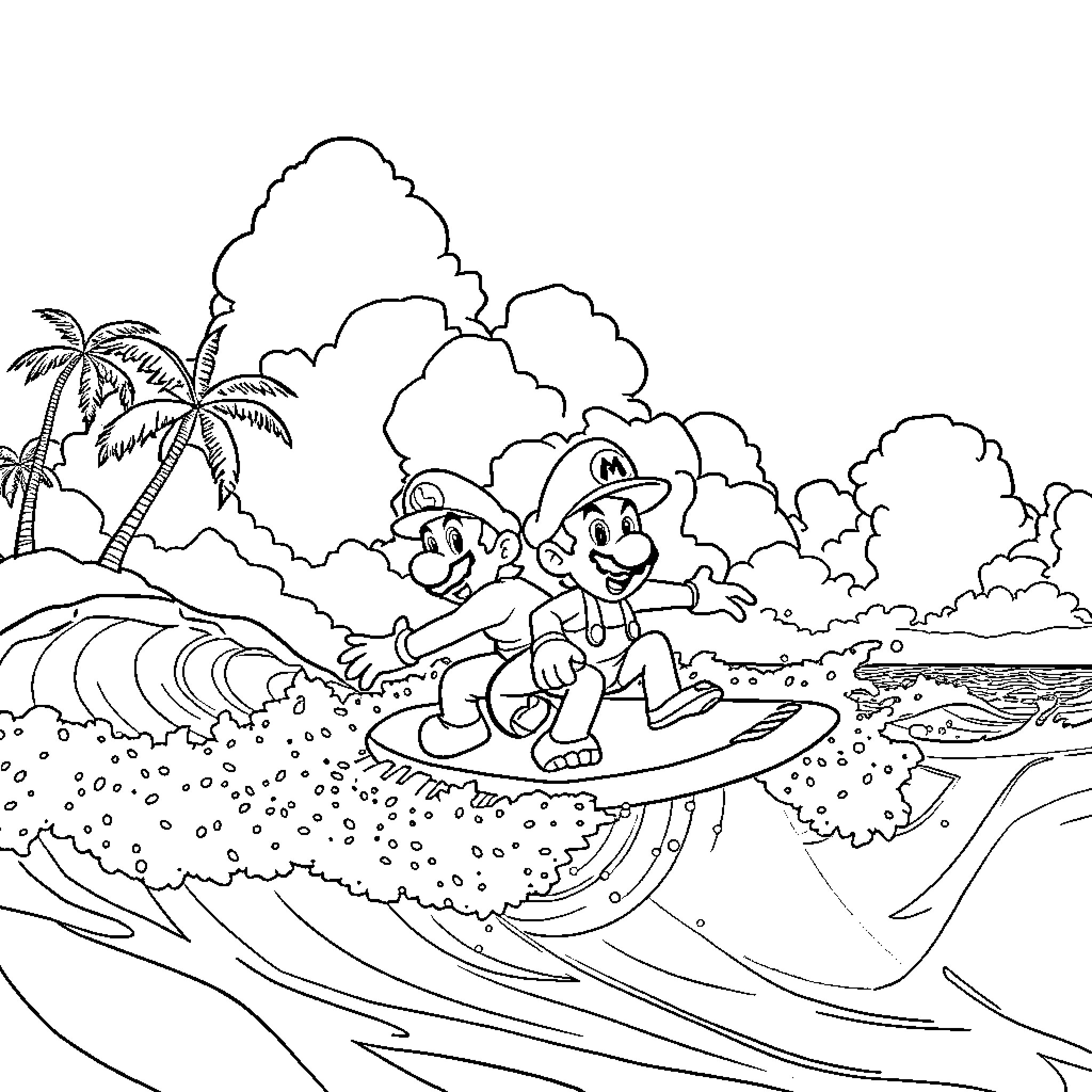 Mario surfing through the waves at the beach Coloring Page (free black-and-white line drawing printable PDF for all, from beginners to advanced learners, including children, teens, adults, and seniors)