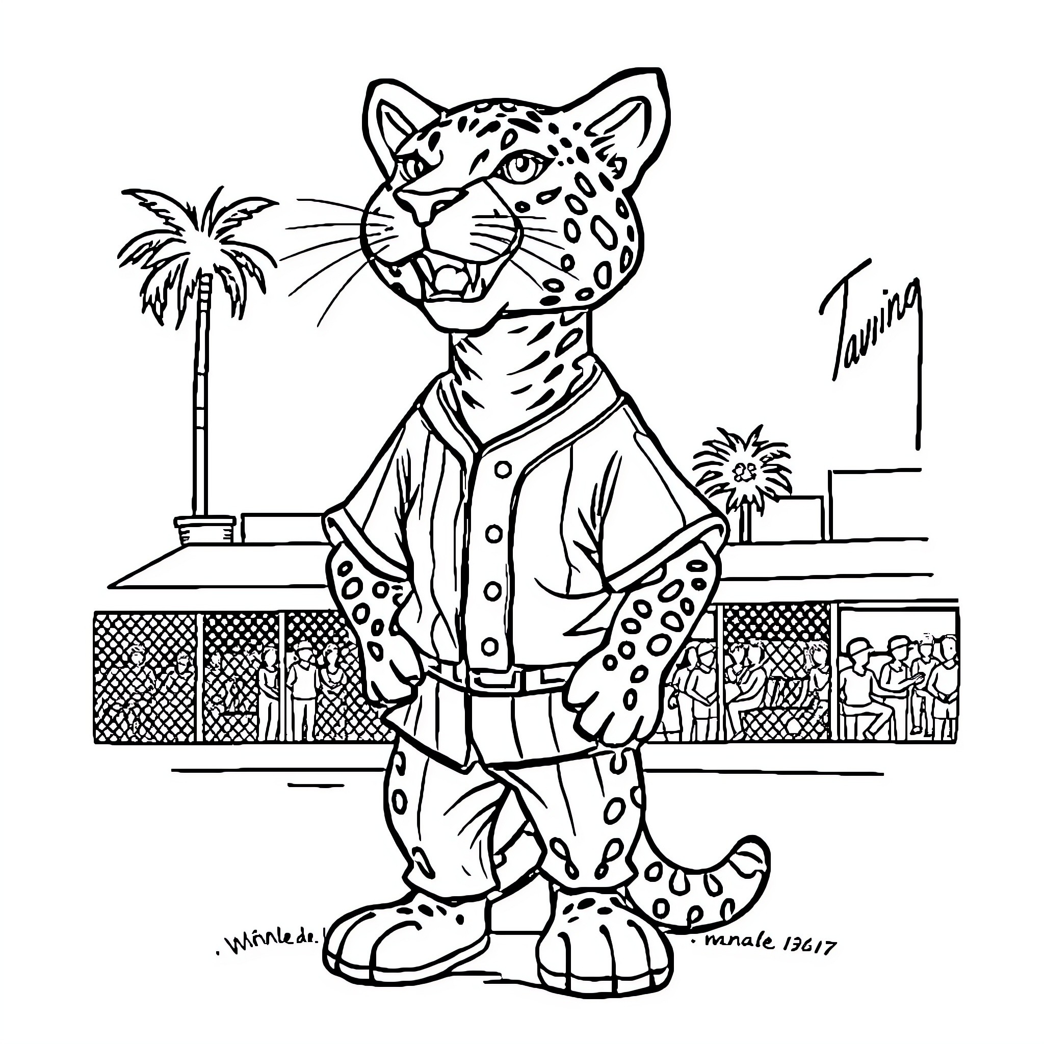 Panther dressed in stylish clothing at tropical location Coloring Page (free black-and-white line drawing printable PDF for all, from beginners to advanced learners, including children, teens, adults, and seniors)