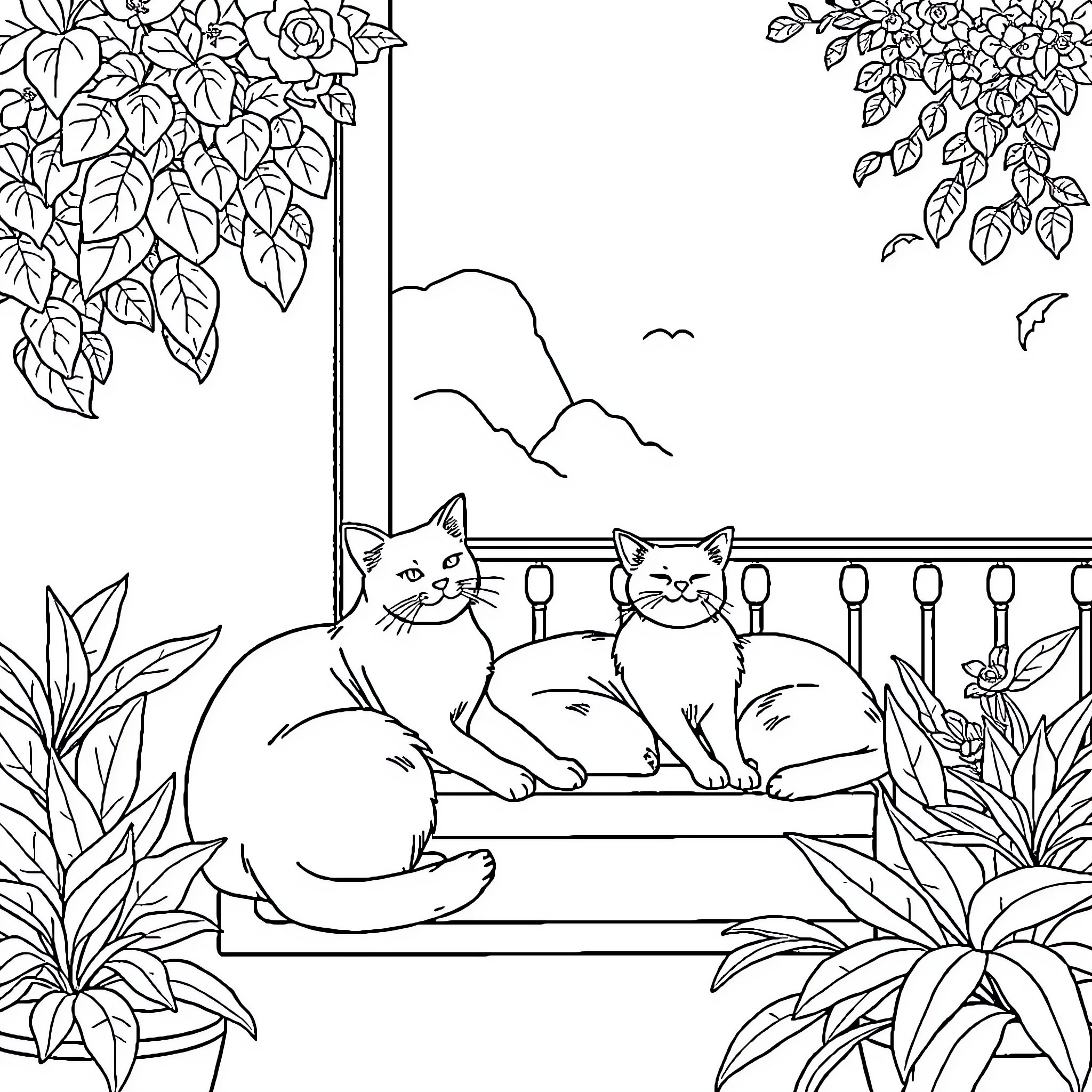Cats relaxing on balcony with scenic view Coloring Page (free black-and-white line drawing printable PDF for all, from beginners to advanced learners, including children, teens, adults, and seniors)