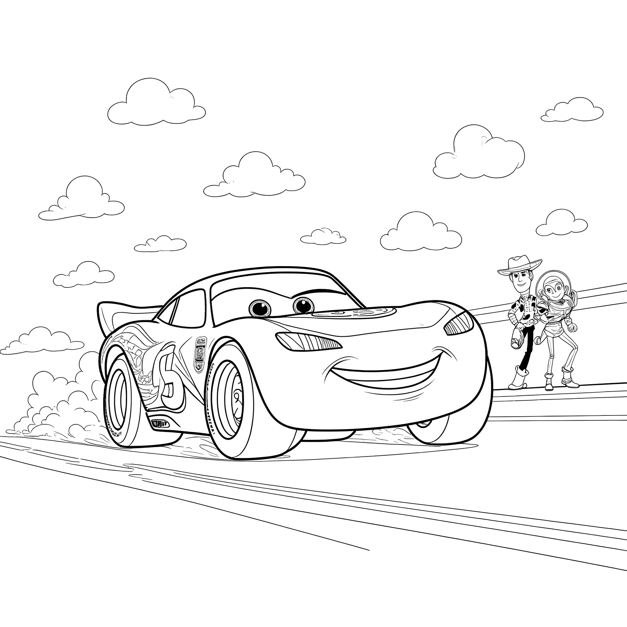 Lightning McQueen racing with Woody and Buzz Coloring Page (free black-and-white line drawing printable PDF for all, from beginners to advanced learners, including children, teens, adults, and seniors)