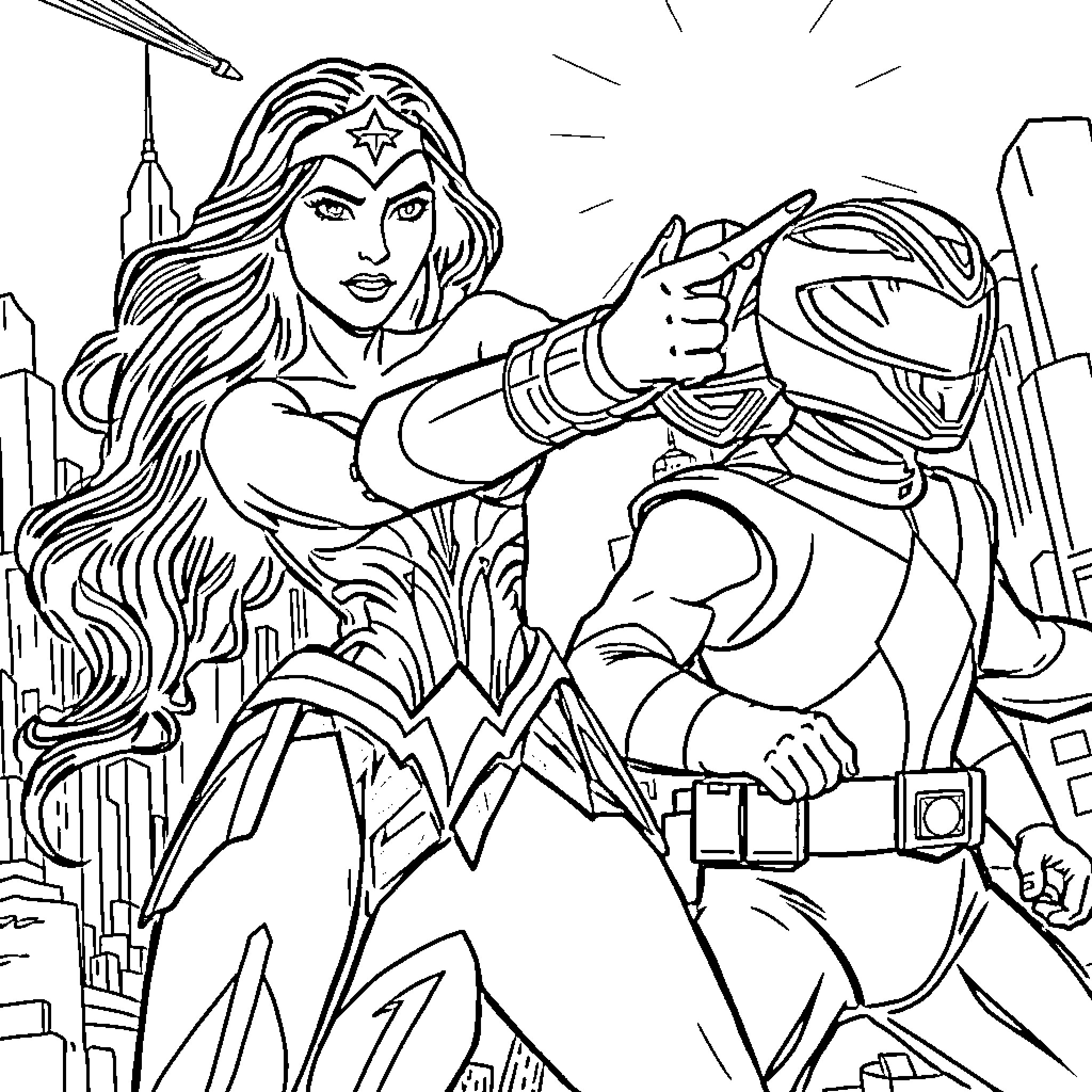 Wonder Woman in action-packed heroic pose Coloring Page (free black-and-white line drawing printable PDF for all, from beginners to advanced learners, including children, teens, adults, and seniors)