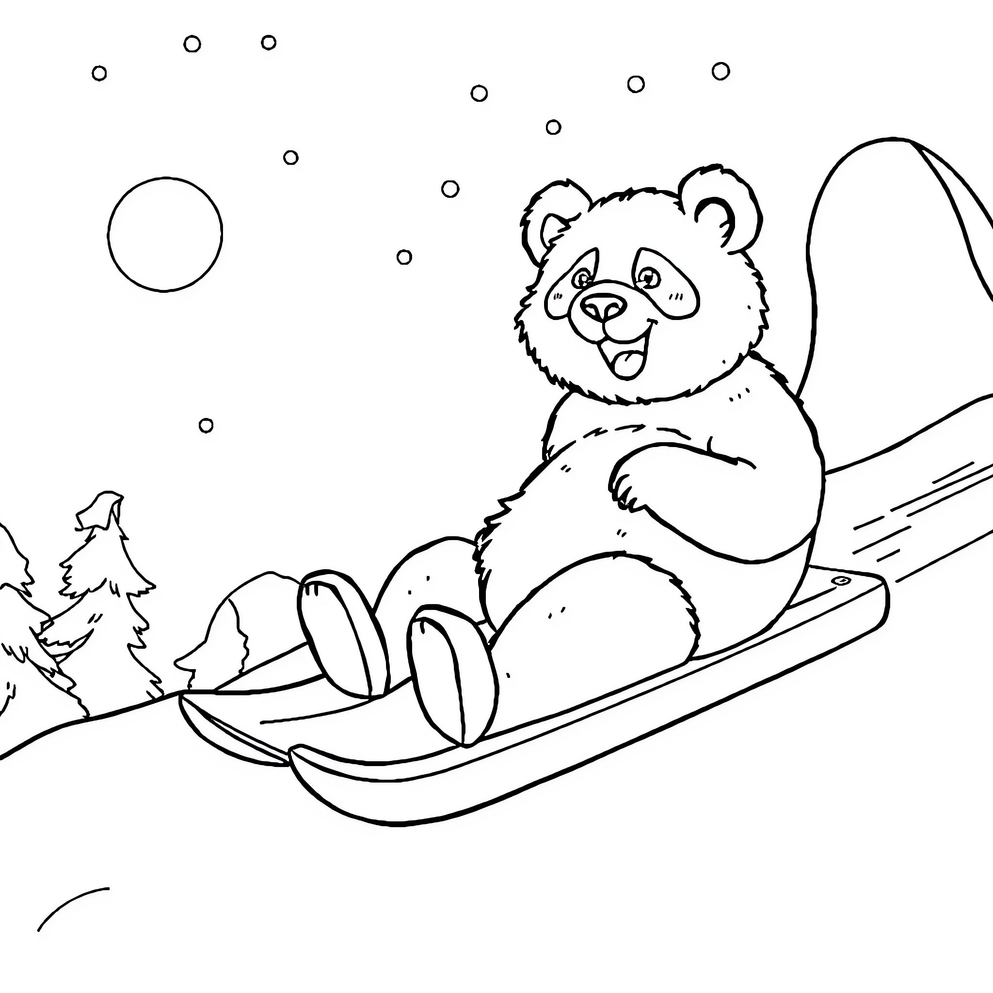 Panda sledding down snowy hill Coloring Page (free black-and-white line drawing printable PDF for all, from beginners to advanced learners, including children, teens, adults, and seniors)
