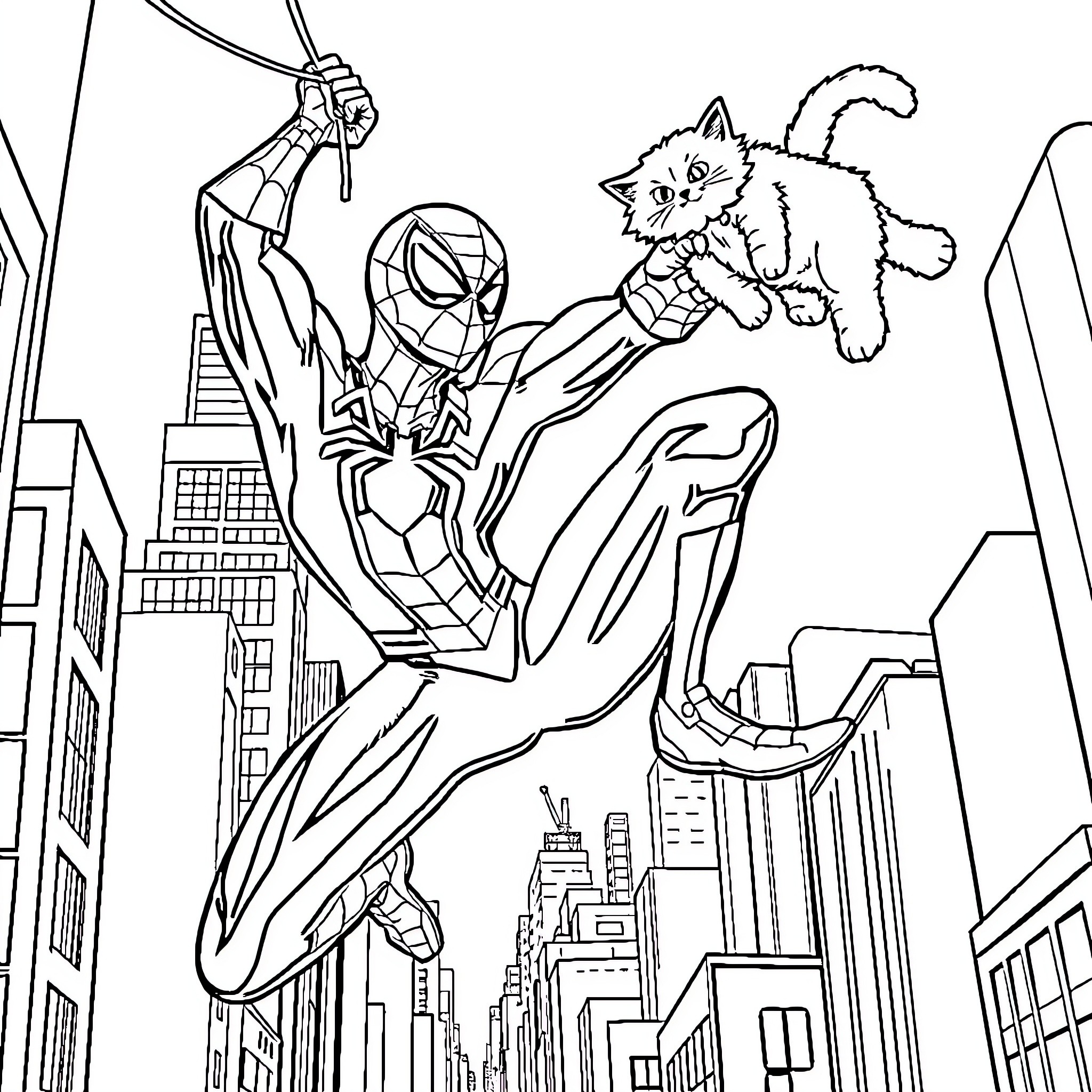 Spider-Man swinging through city with cat companion Coloring Page (free black-and-white line drawing printable PDF for all, from beginners to advanced learners, including children, teens, adults, and seniors)