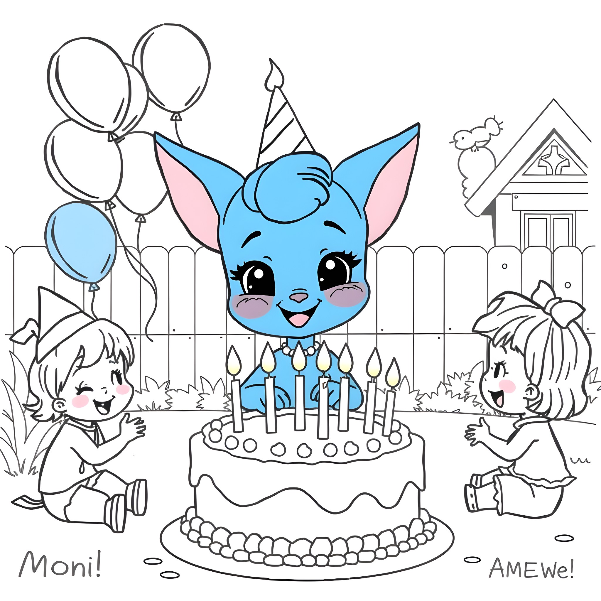 Bluey's Cheerful Birthday Celebration Coloring Page (free black-and-white line drawing printable PDF for all, from beginners to advanced learners, including children, teens, adults, and seniors)