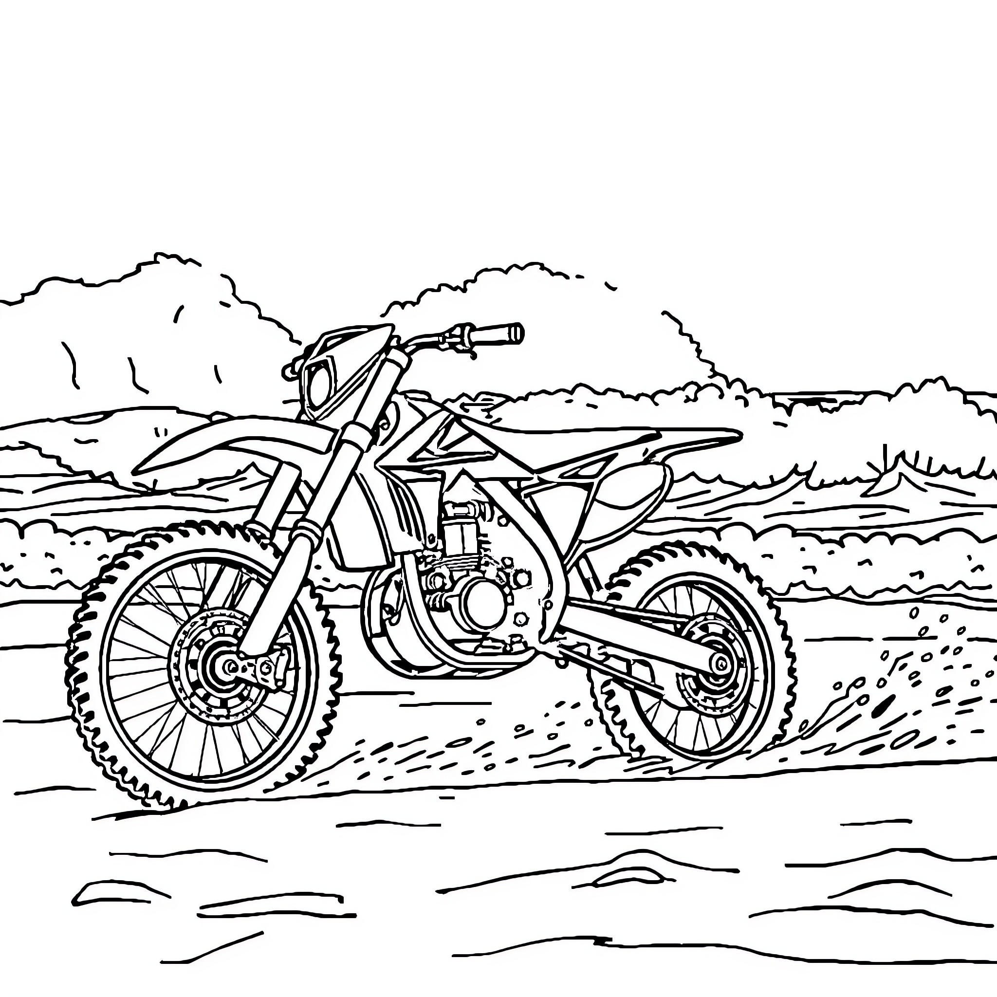 Dirt Bike Racing Through Rugged Terrain Coloring Page (free black-and-white line drawing printable PDF for all, from beginners to advanced learners, including children, teens, adults, and seniors)