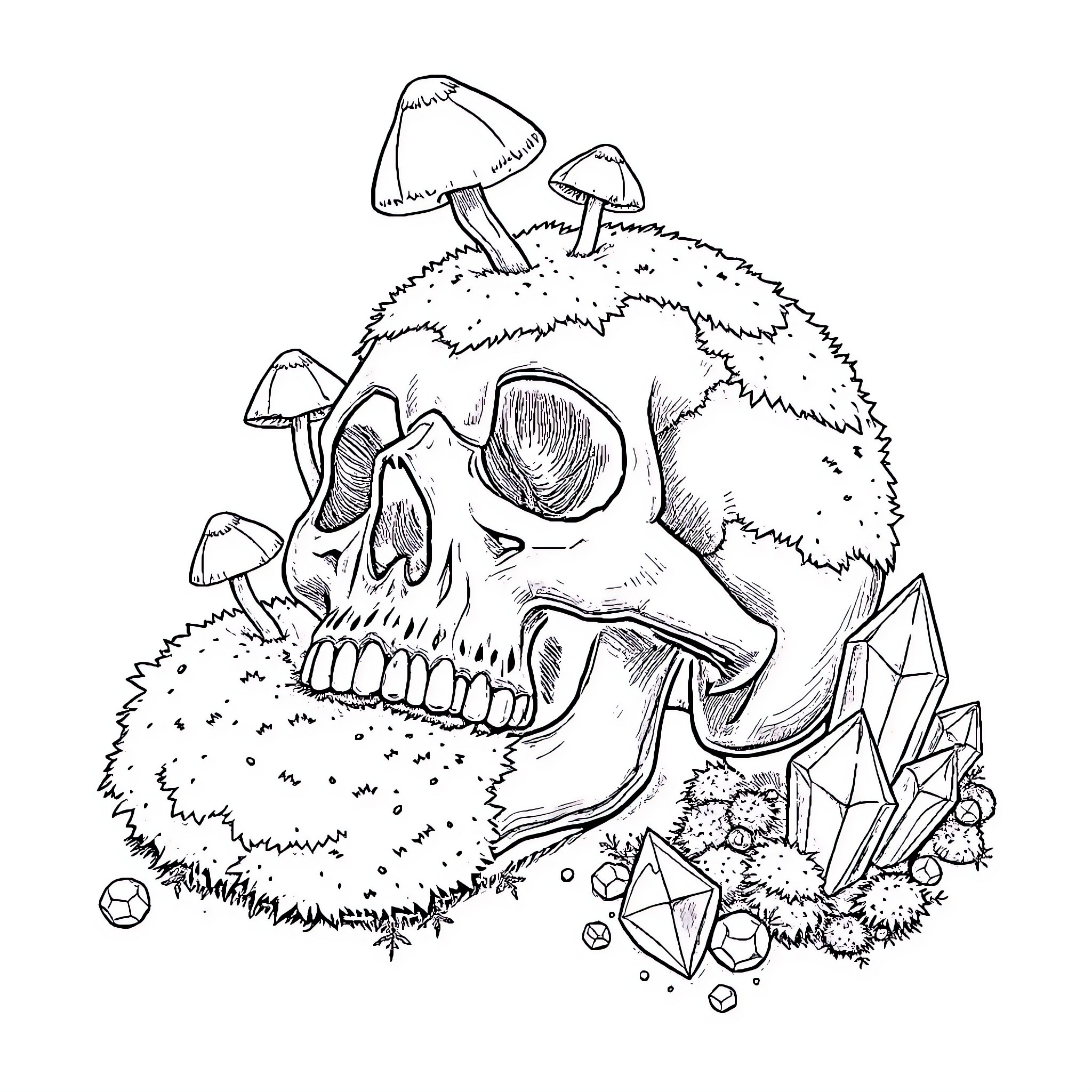 Skull surrounded by mushrooms and crystals Coloring Page (free black-and-white line drawing printable PDF for all, from beginners to advanced learners, including children, teens, adults, and seniors)