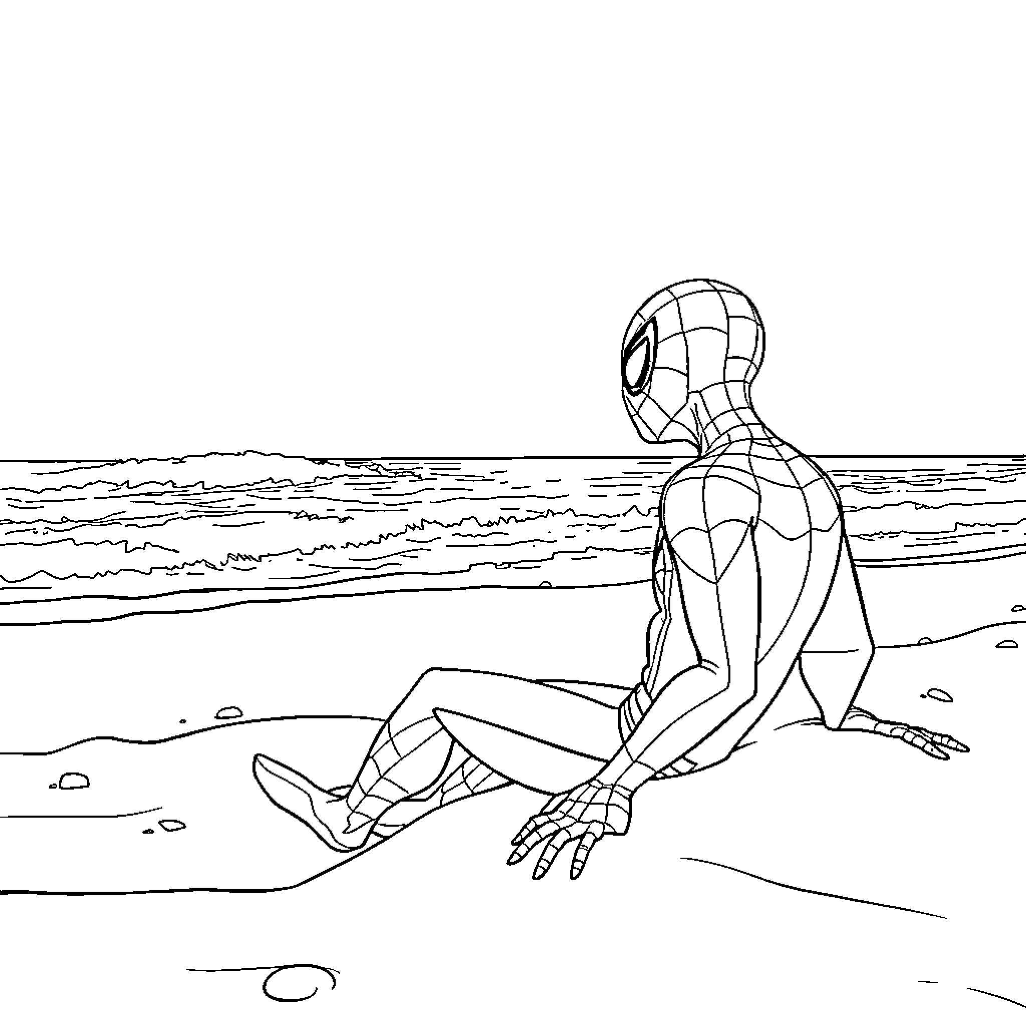 Spiderman relaxing on the beach Coloring Page (free black-and-white line drawing printable PDF for all, from beginners to advanced learners, including children, teens, adults, and seniors)