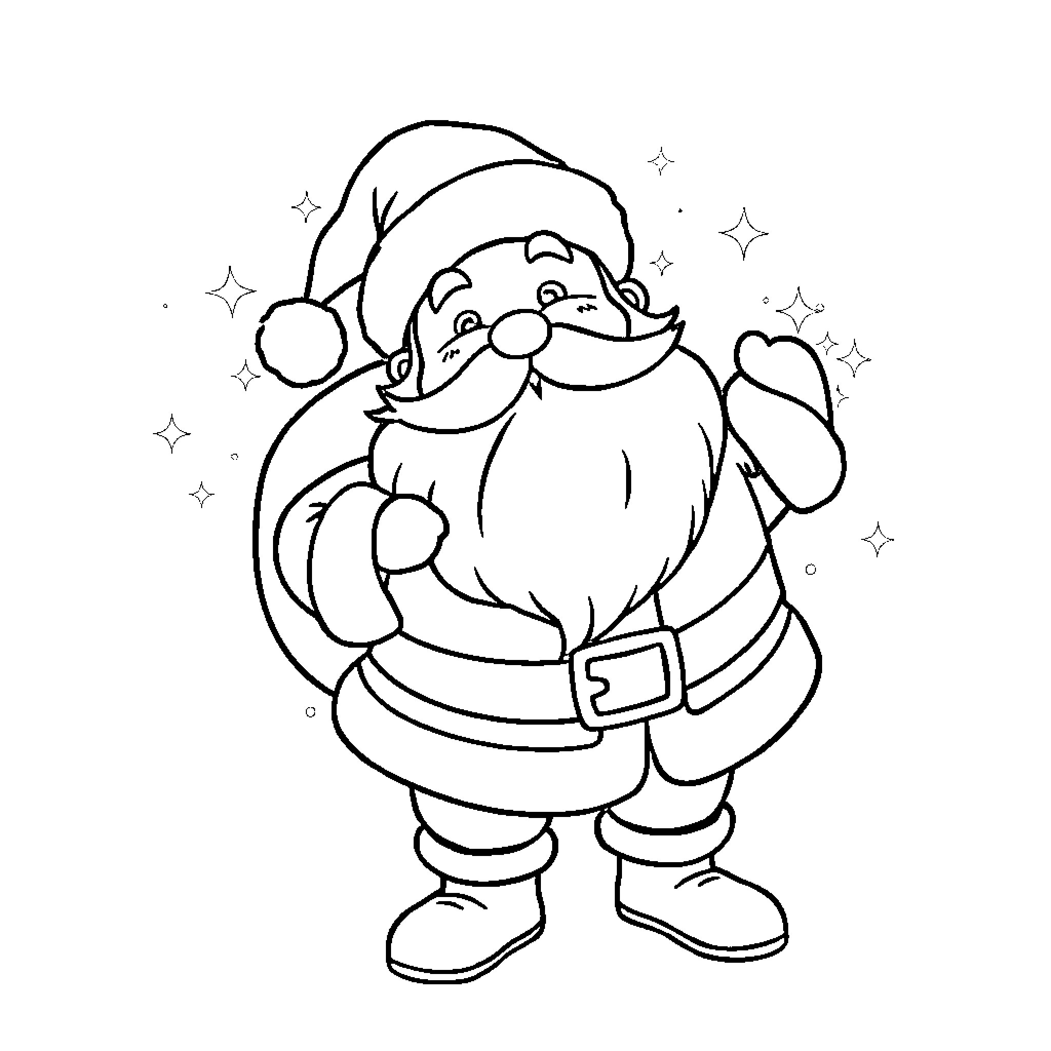 Santa Claus waving merrily with stars Coloring Page (free black-and-white line drawing printable PDF for all, from beginners to advanced learners, including children, teens, adults, and seniors)