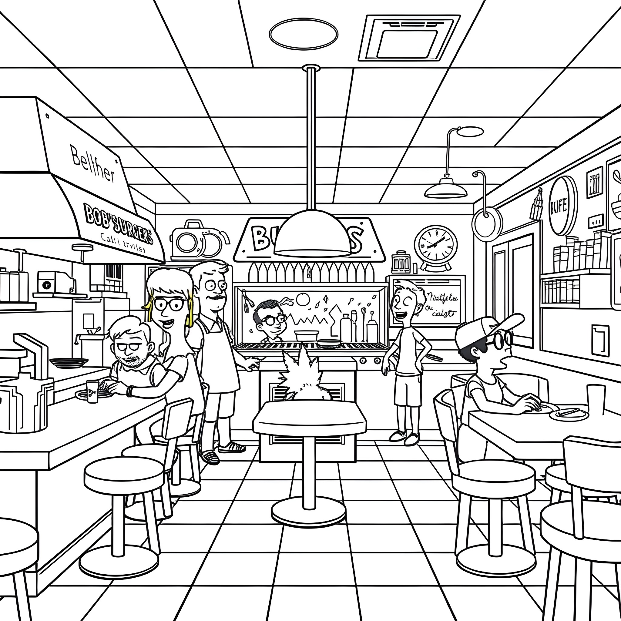 Bob's Burgers Characters in a Lively Diner Scene Coloring Page (free black-and-white line drawing printable PDF for all, from beginners to advanced learners, including children, teens, adults, and seniors)