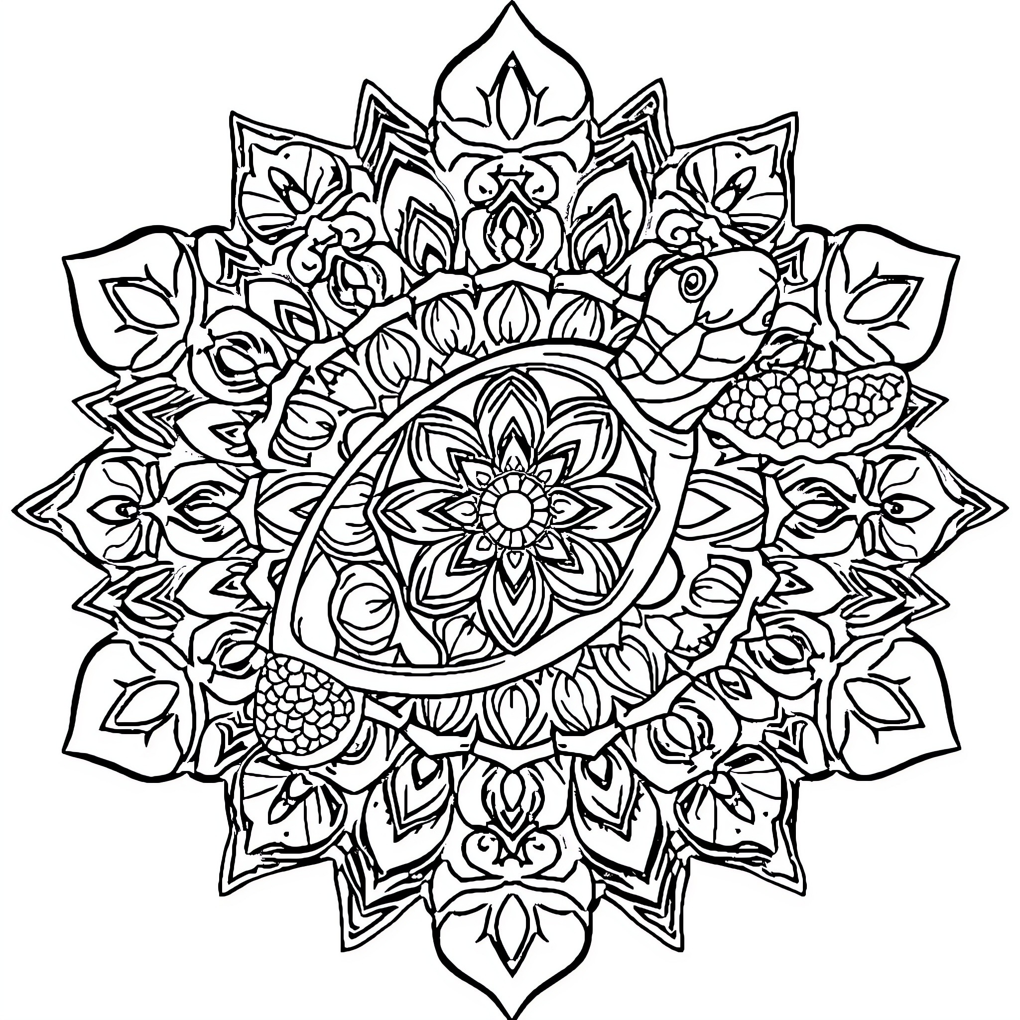 Turtle mandala with floral and geometric designs Coloring Page (free black-and-white line drawing printable PDF for all, from beginners to advanced learners, including children, teens, adults, and seniors)
