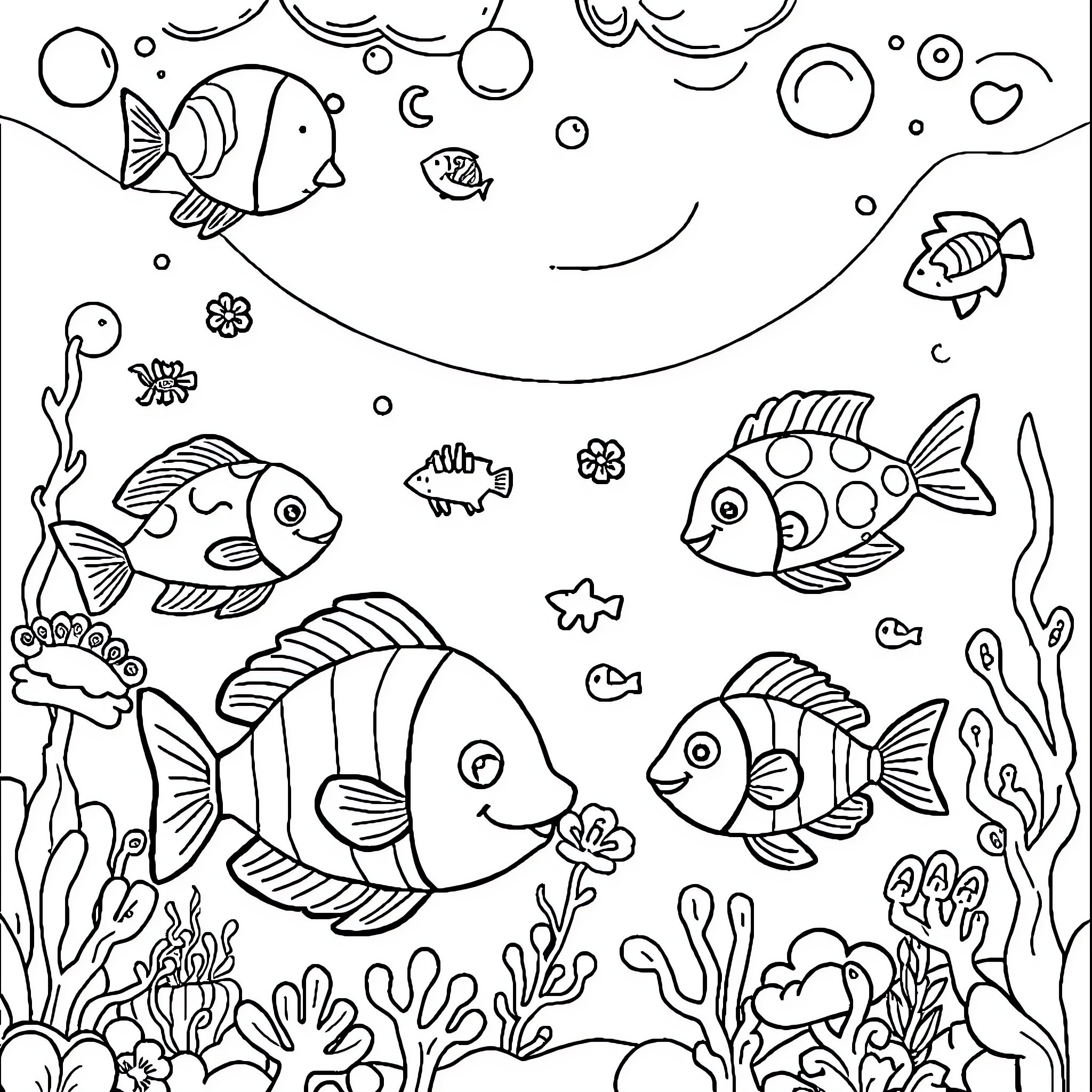 Ocean Creatures Swimming Playfully Coloring Page (free black-and-white line drawing printable PDF for all, from beginners to advanced learners, including children, teens, adults, and seniors)