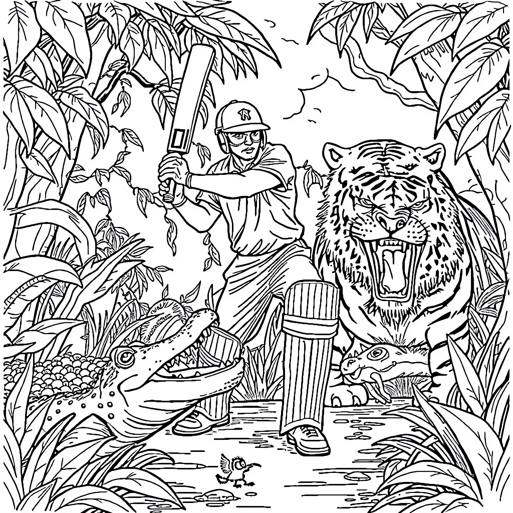 Cricket Player in Jungle Adventure Scene Coloring Page (free black-and-white line drawing printable PDF for all, from beginners to advanced learners, including children, teens, adults, and seniors)