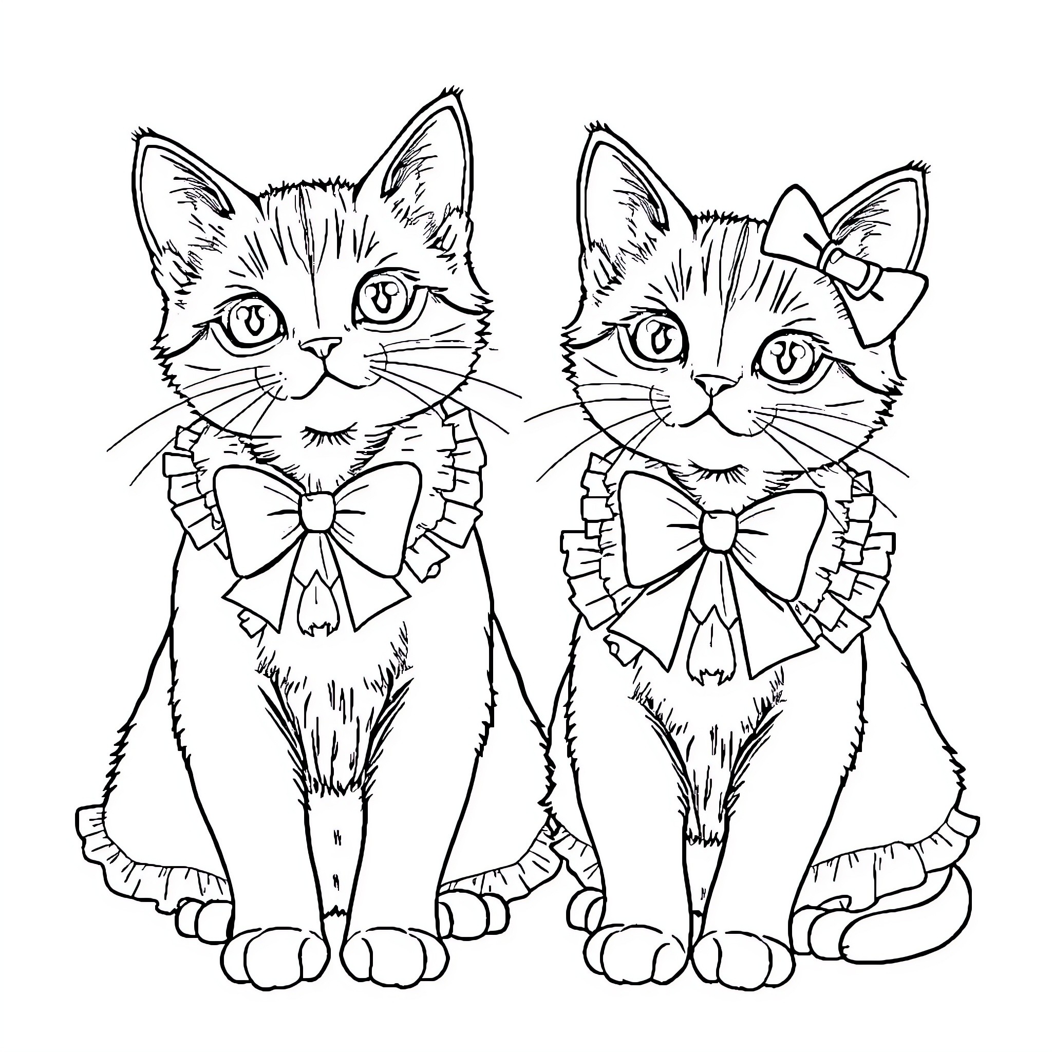 Cats in Formal Attire Coloring Page (free black-and-white line drawing printable PDF for all, from beginners to advanced learners, including children, teens, adults, and seniors)