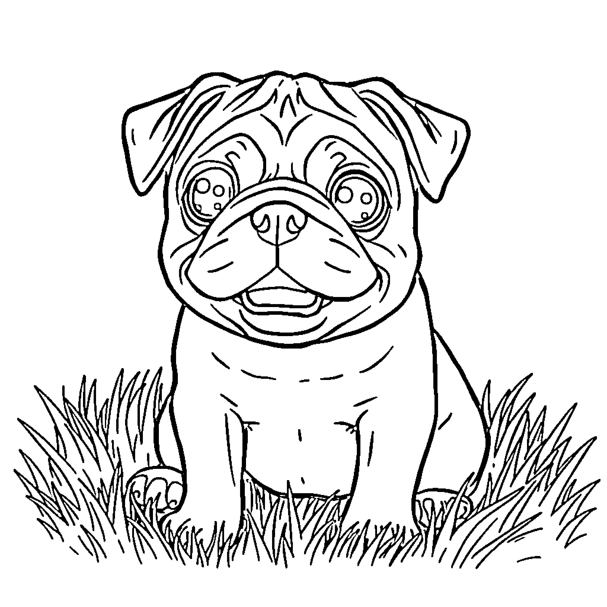 Pug sitting adorably in the grass Coloring Page (free black-and-white line drawing printable PDF for all, from beginners to advanced learners, including children, teens, adults, and seniors)