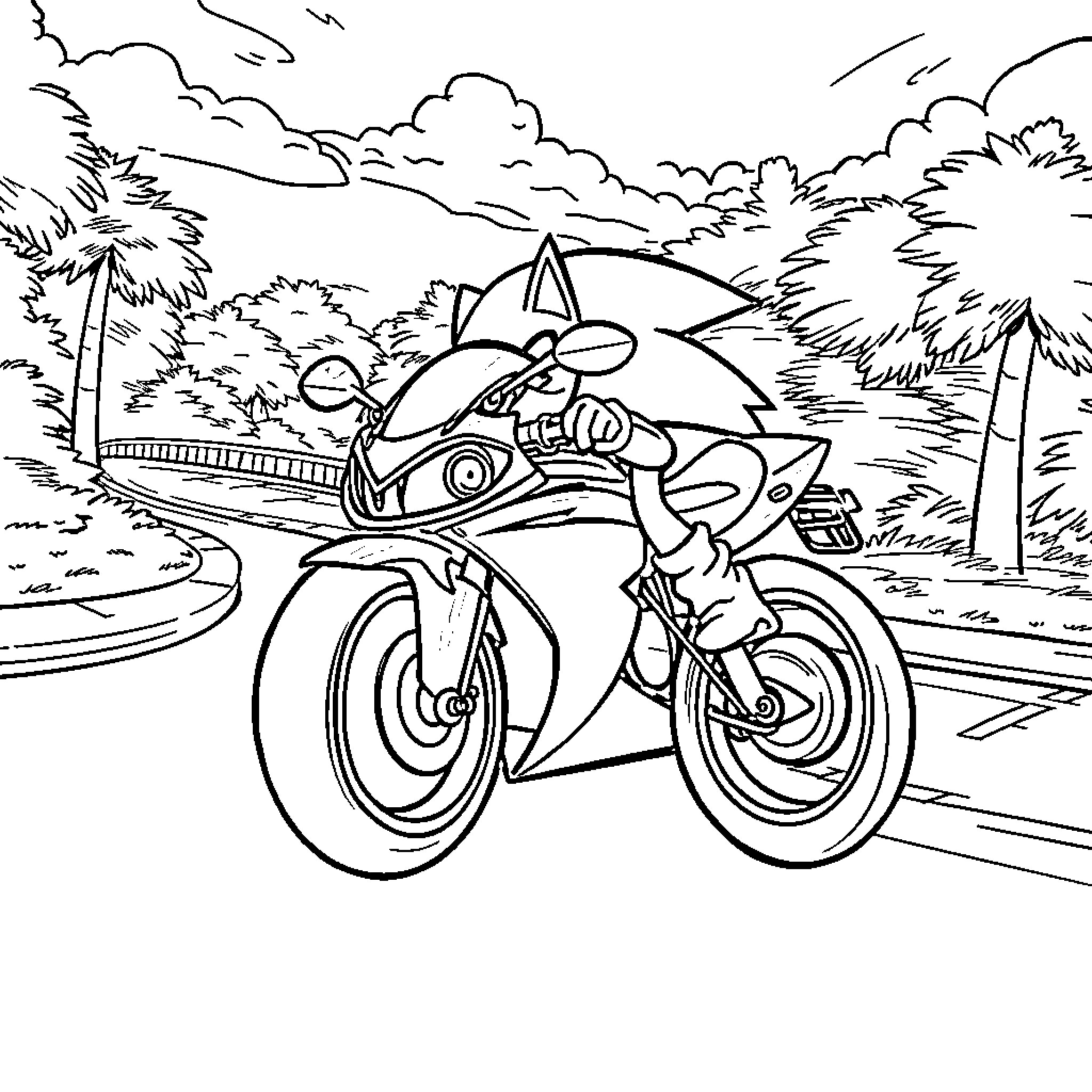 Sonic speeding through a scenic landscape Coloring Page (free black-and-white line drawing printable PDF for all, from beginners to advanced learners, including children, teens, adults, and seniors)