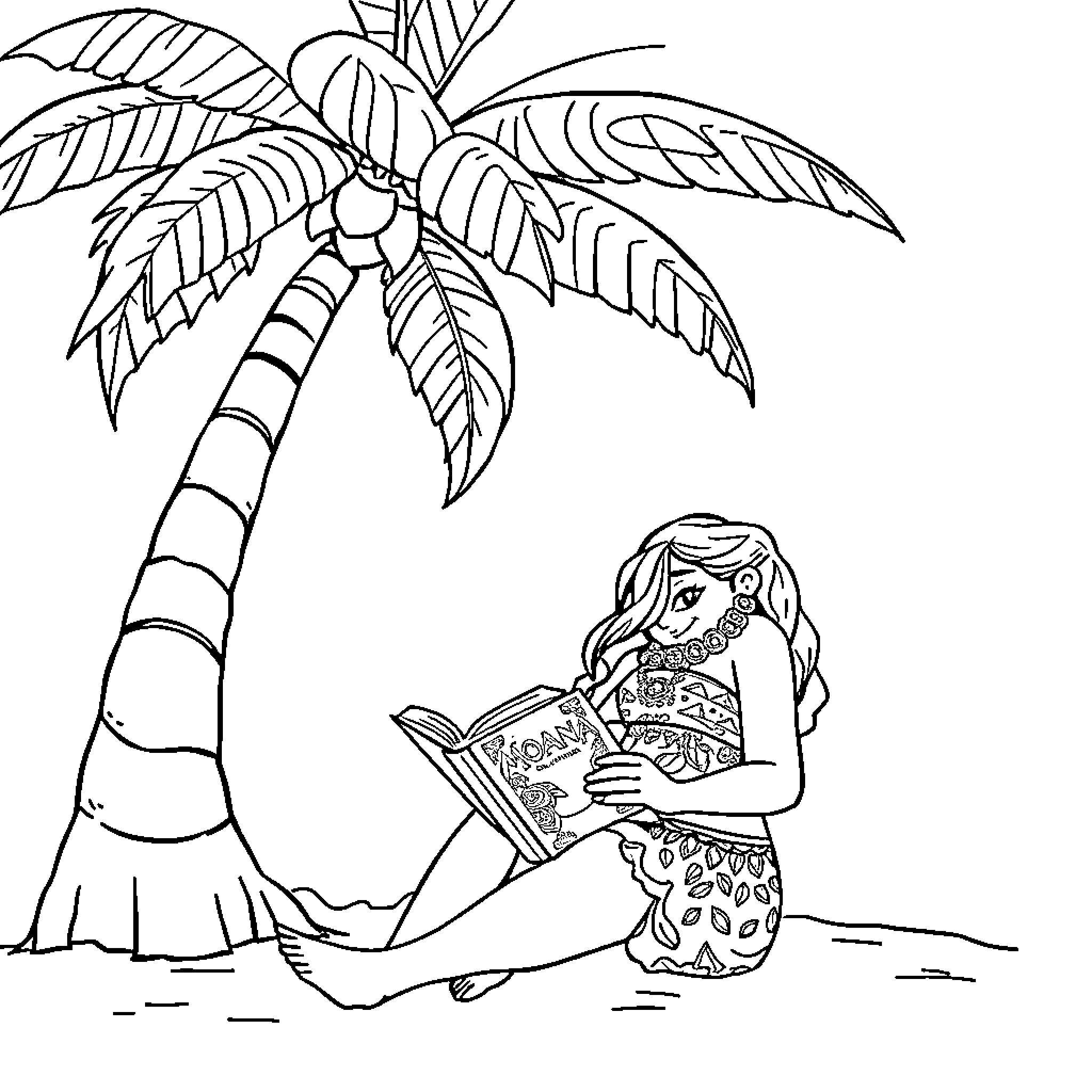 Moana reading a book under a palm tree Coloring Page (free black-and-white line drawing printable PDF for all, from beginners to advanced learners, including children, teens, adults, and seniors)
