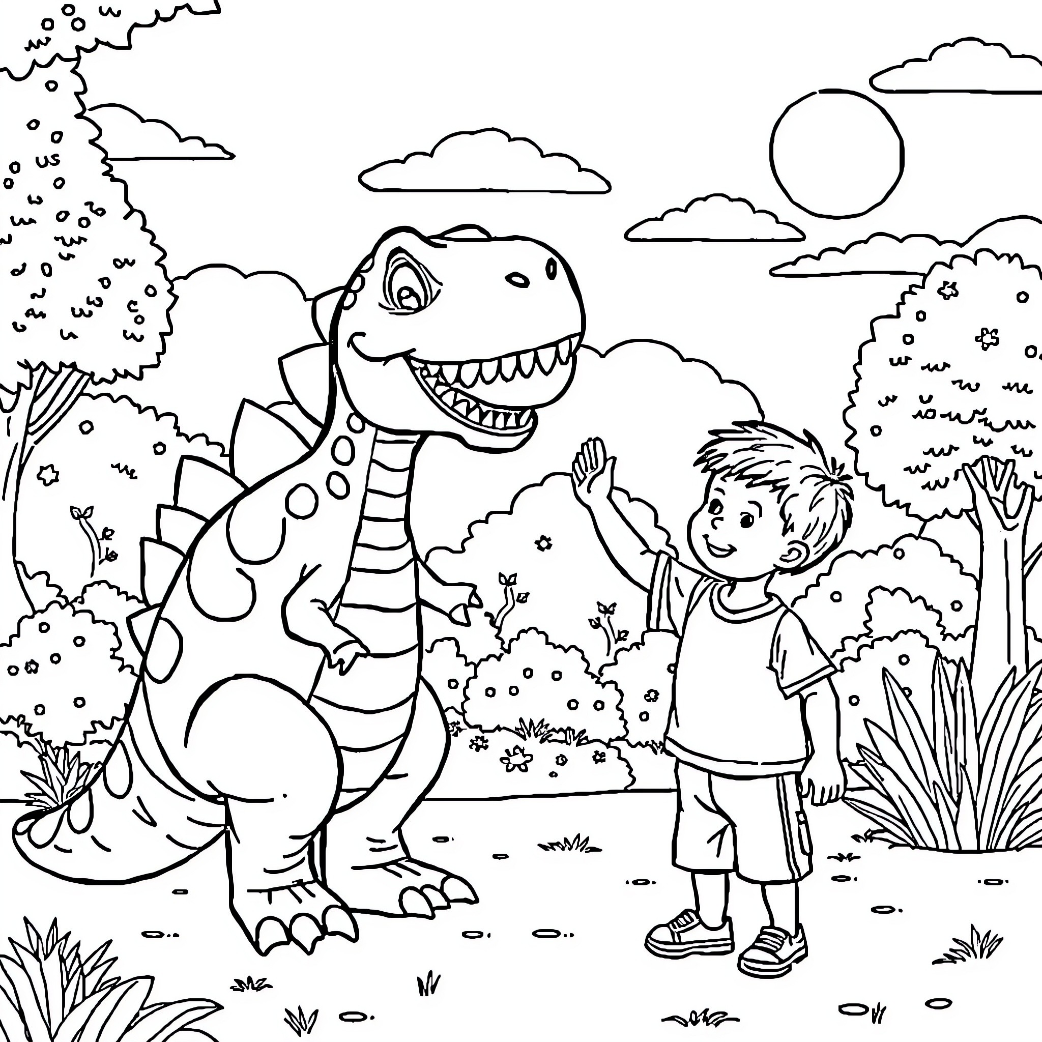 Dinosaur playing with a young child in the park Coloring Page (free black-and-white line drawing printable PDF for all, from beginners to advanced learners, including children, teens, adults, and seniors)