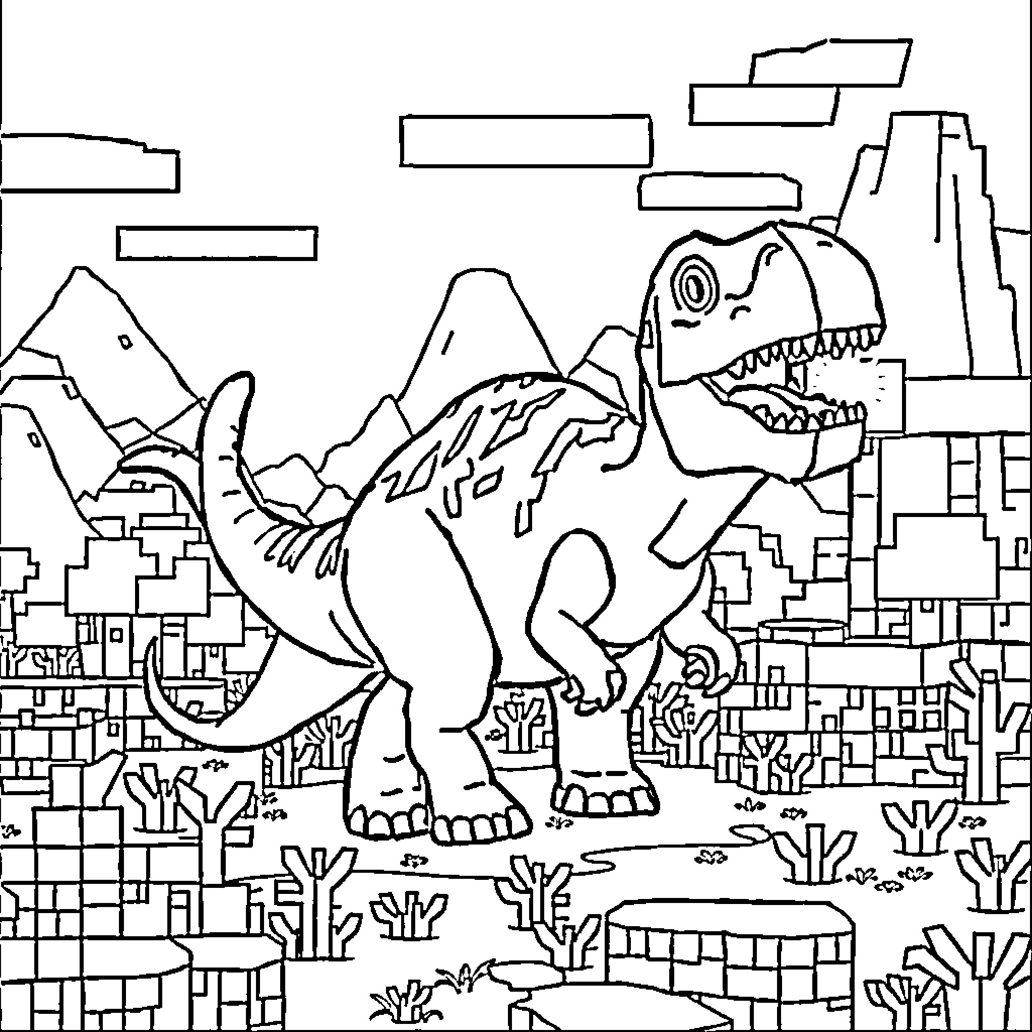 Dinosaur roaming through a prehistoric landscape Coloring Page (free black-and-white line drawing printable PDF for all, from beginners to advanced learners, including children, teens, adults, and seniors)