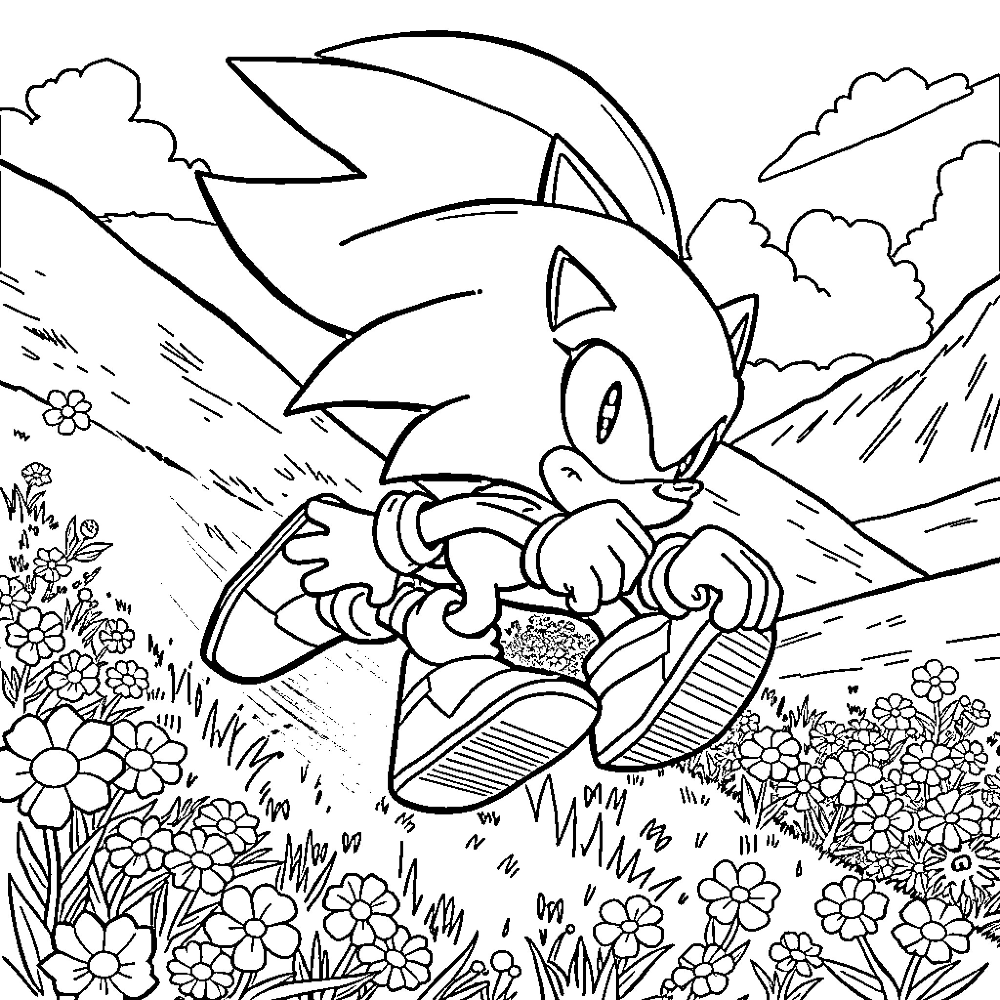 Sonic running through a flowery field Coloring Page (free black-and-white line drawing printable PDF for all, from beginners to advanced learners, including children, teens, adults, and seniors)