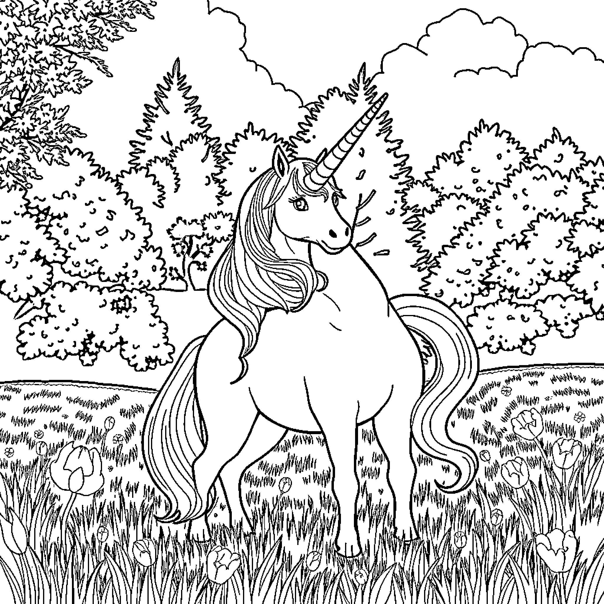Unicorn standing majestically in a lush forest landscape Coloring Page (free black-and-white line drawing printable PDF for all, from beginners to advanced learners, including children, teens, adults, and seniors)