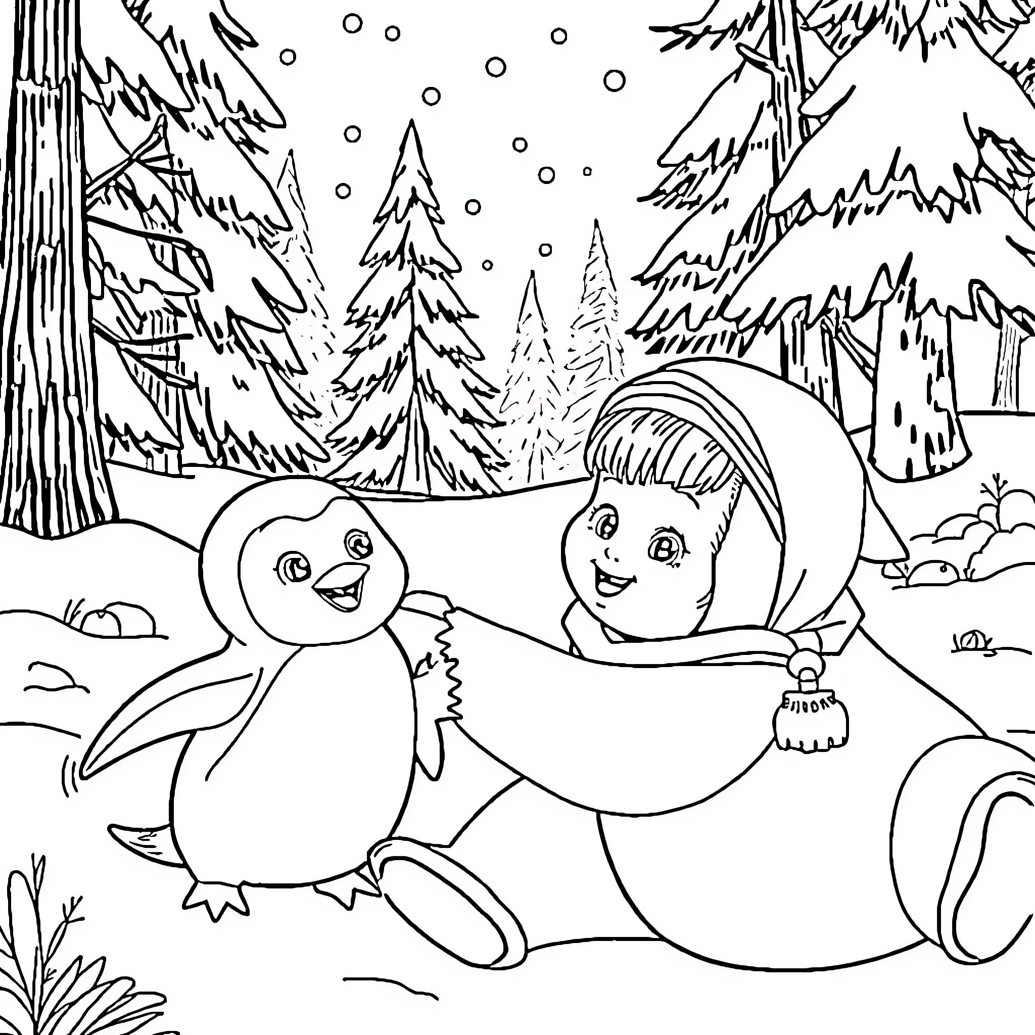 Masha and penguin playing in the snowy forest Coloring Page (free black-and-white line drawing printable PDF for all, from beginners to advanced learners, including children, teens, adults, and seniors)