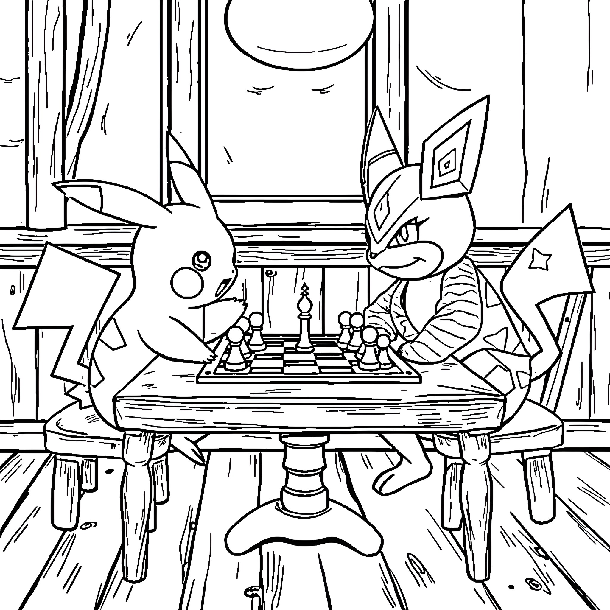 Pikachu and Meowth playing chess in a room Coloring Page (free black-and-white line drawing printable PDF for all, from beginners to advanced learners, including children, teens, adults, and seniors)