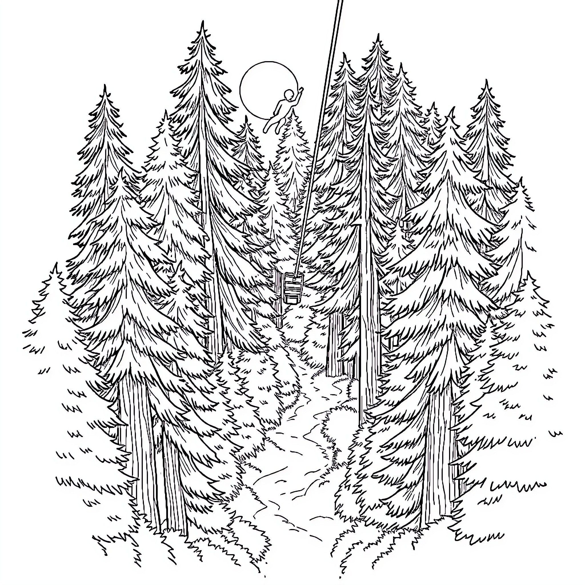 Zipliner soaring through the tranquil forest Coloring Page (free black-and-white line drawing printable PDF for all, from beginners to advanced learners, including children, teens, adults, and seniors)