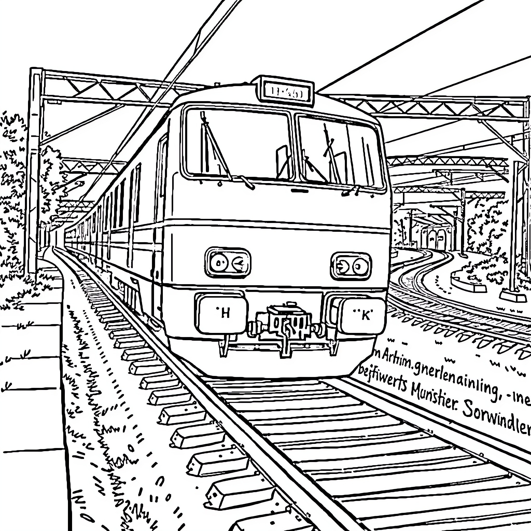 Zug traveling on rails through scenic landscape Coloring Page (free black-and-white line drawing printable PDF for all, from beginners to advanced learners, including children, teens, adults, and seniors)