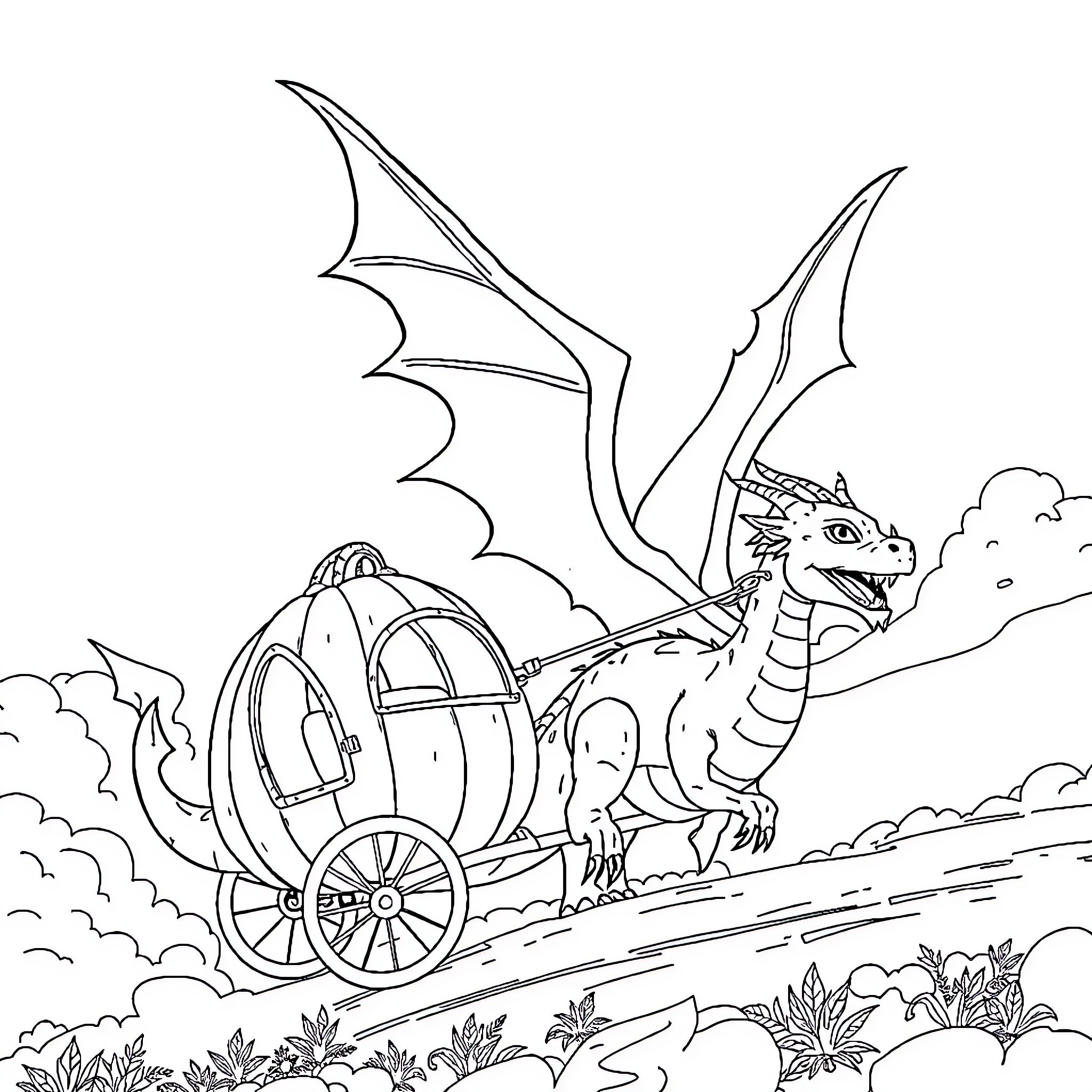 Dragon pulling a carriage through a fantasy landscape Coloring Page (free black-and-white line drawing printable PDF for all, from beginners to advanced learners, including children, teens, adults, and seniors)