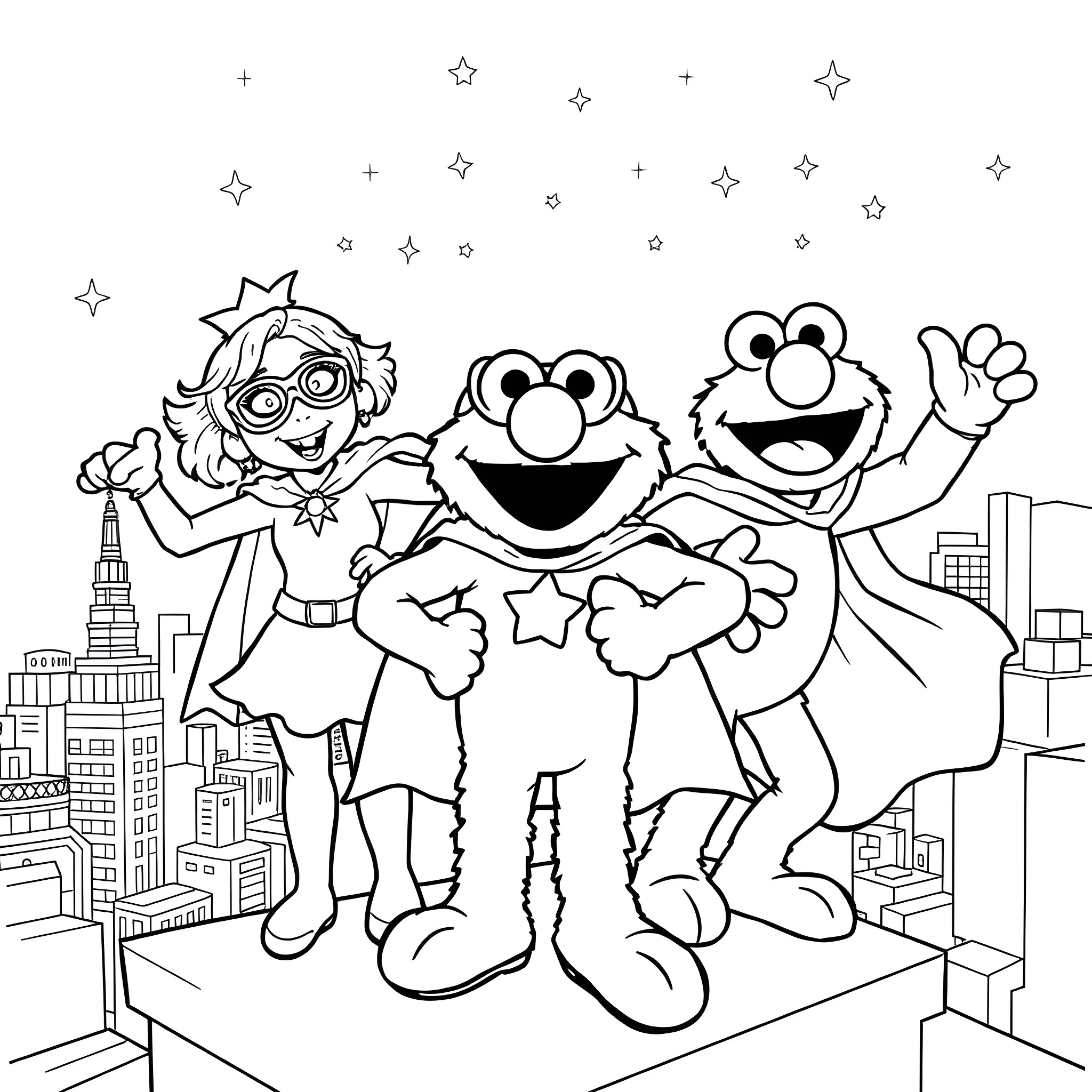 Superhero Trio Posing Amidst Cityscape and Stars Coloring Page (free black-and-white line drawing printable PDF for all, from beginners to advanced learners, including children, teens, adults, and seniors)