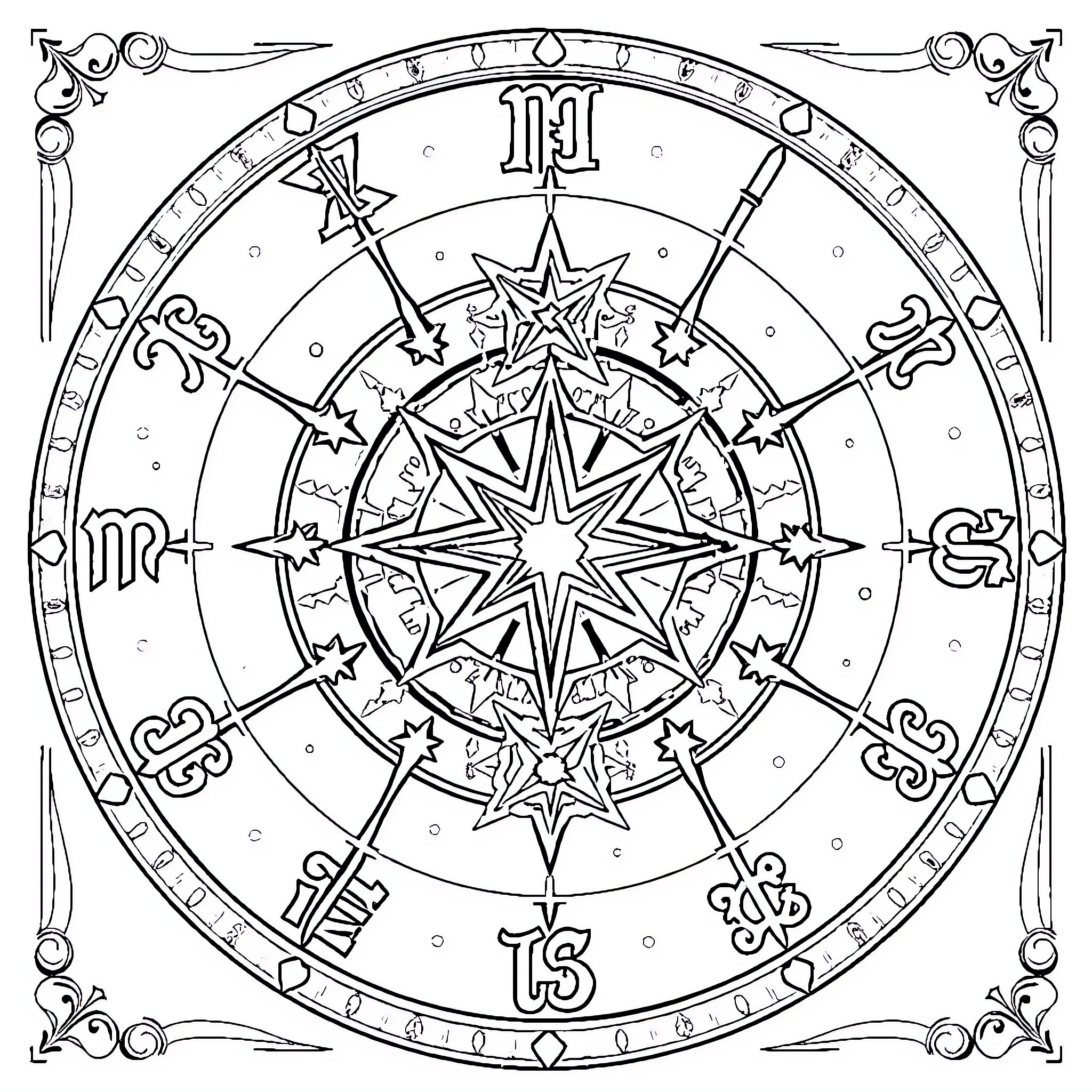 Astrology: Intricate compass and star pattern Coloring Page (free black-and-white line drawing printable PDF for all, from beginners to advanced learners, including children, teens, adults, and seniors)