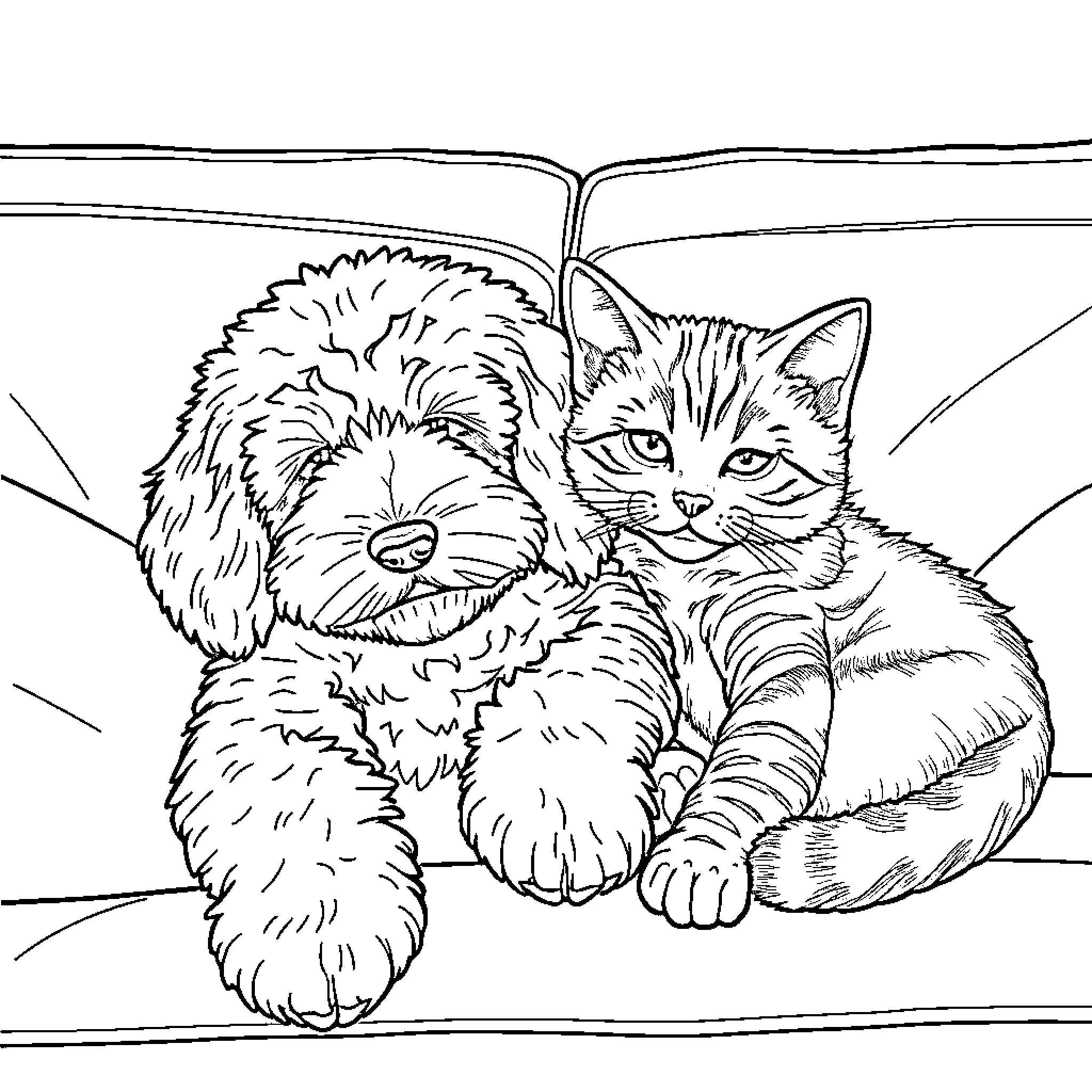 Goldendoodle cuddling with playful kitten Coloring Page (free black-and-white line drawing printable PDF for all, from beginners to advanced learners, including children, teens, adults, and seniors)