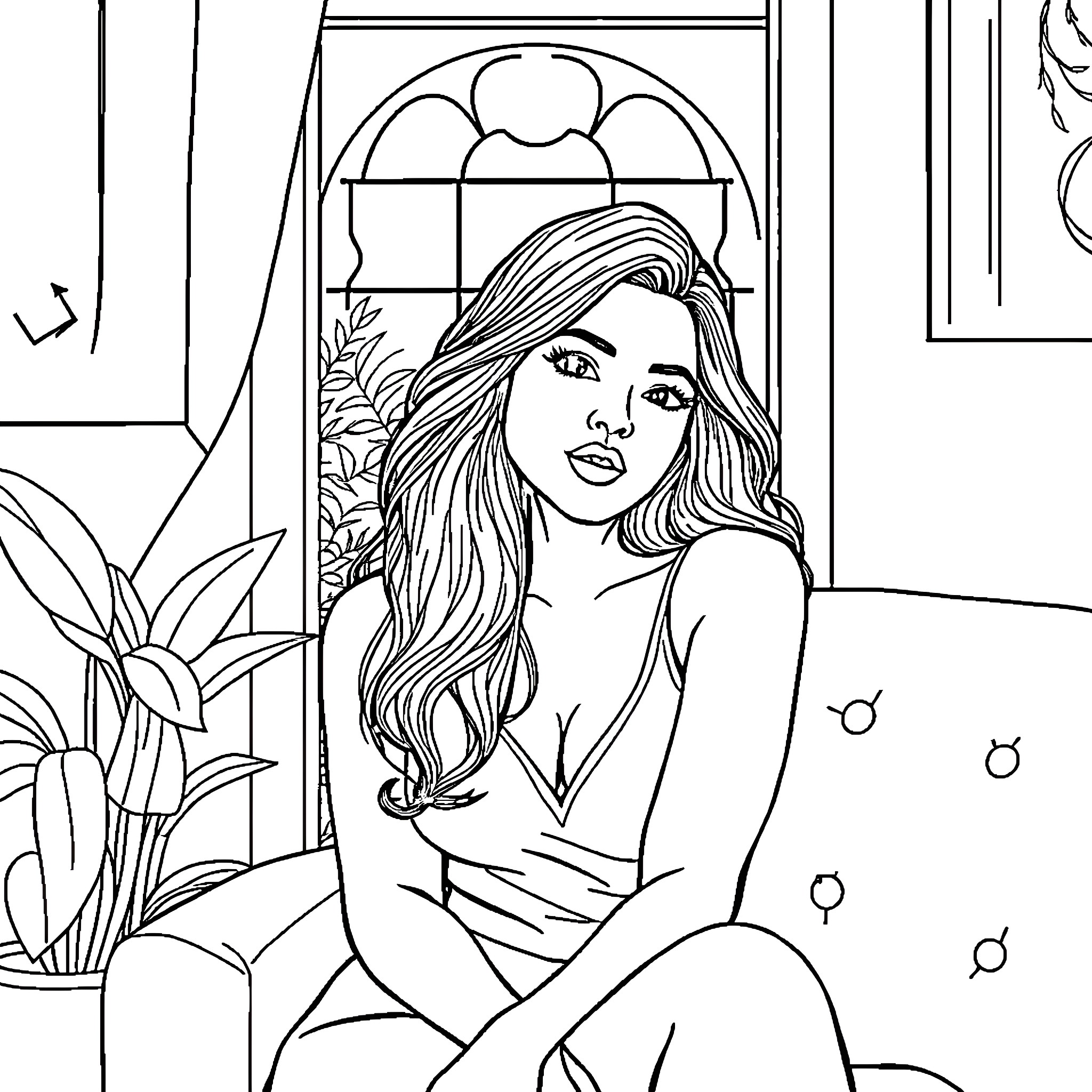Latina beauty basking in natural light Coloring Page (free black-and-white line drawing printable PDF for all, from beginners to advanced learners, including children, teens, adults, and seniors)