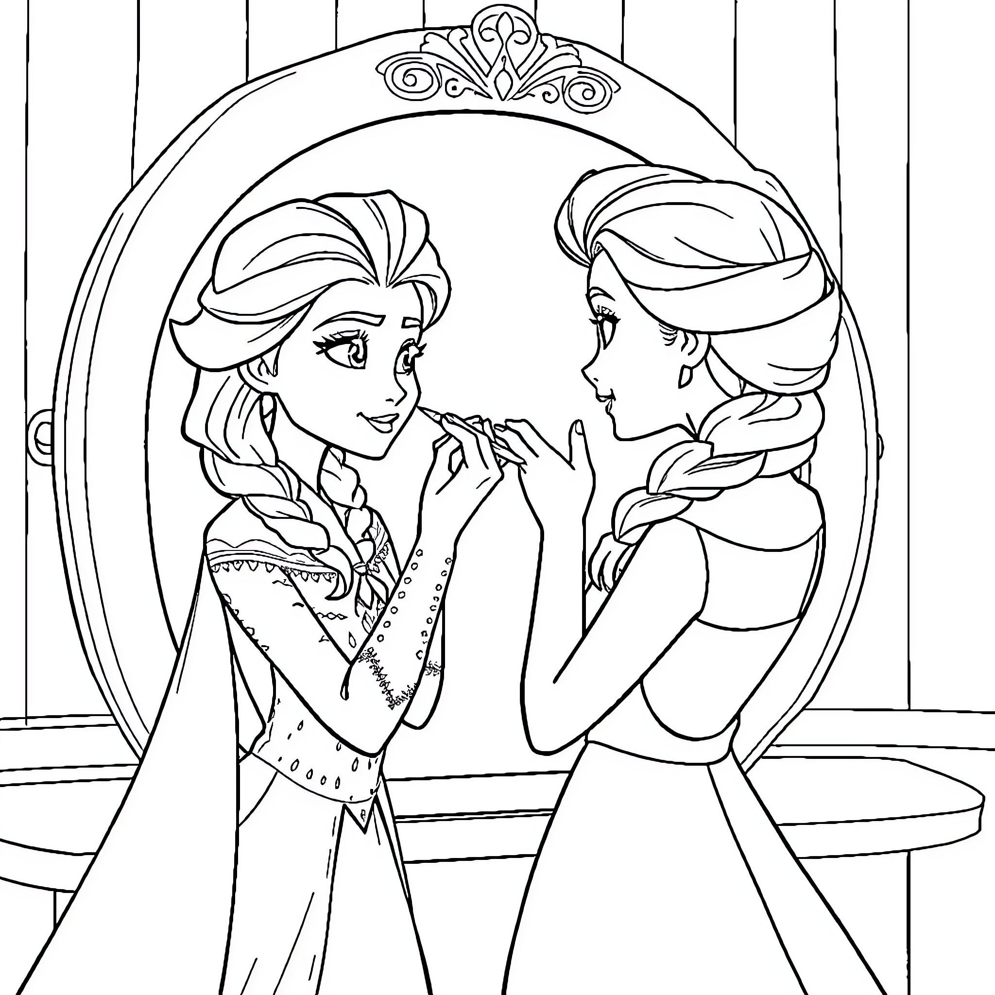 Elsa and Anna admiring each other's outfits Coloring Page (free black-and-white line drawing printable PDF for all, from beginners to advanced learners, including children, teens, adults, and seniors)