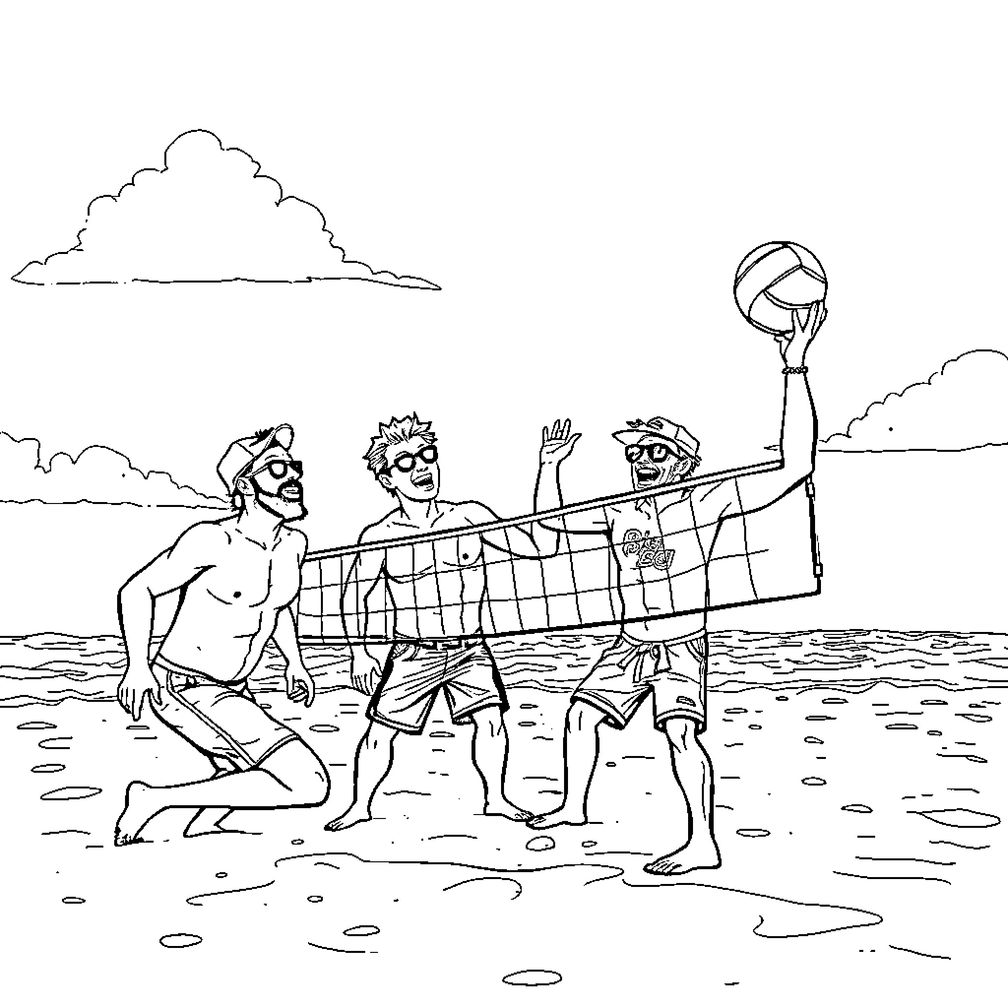 Bad Guys Playing Beach Volleyball in the Sun Coloring Page (free black-and-white line drawing printable PDF for all, from beginners to advanced learners, including children, teens, adults, and seniors)