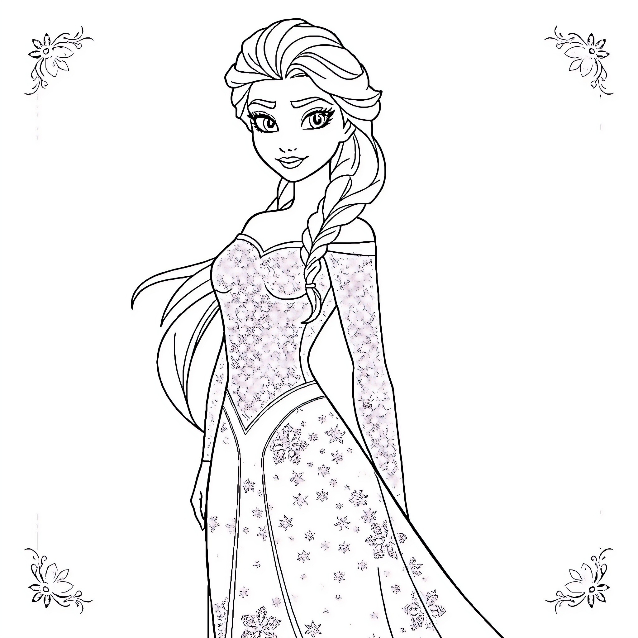 Elsa in a Snowy Wonderland Coloring Page (free black-and-white line drawing printable PDF for all, from beginners to advanced learners, including children, teens, adults, and seniors)