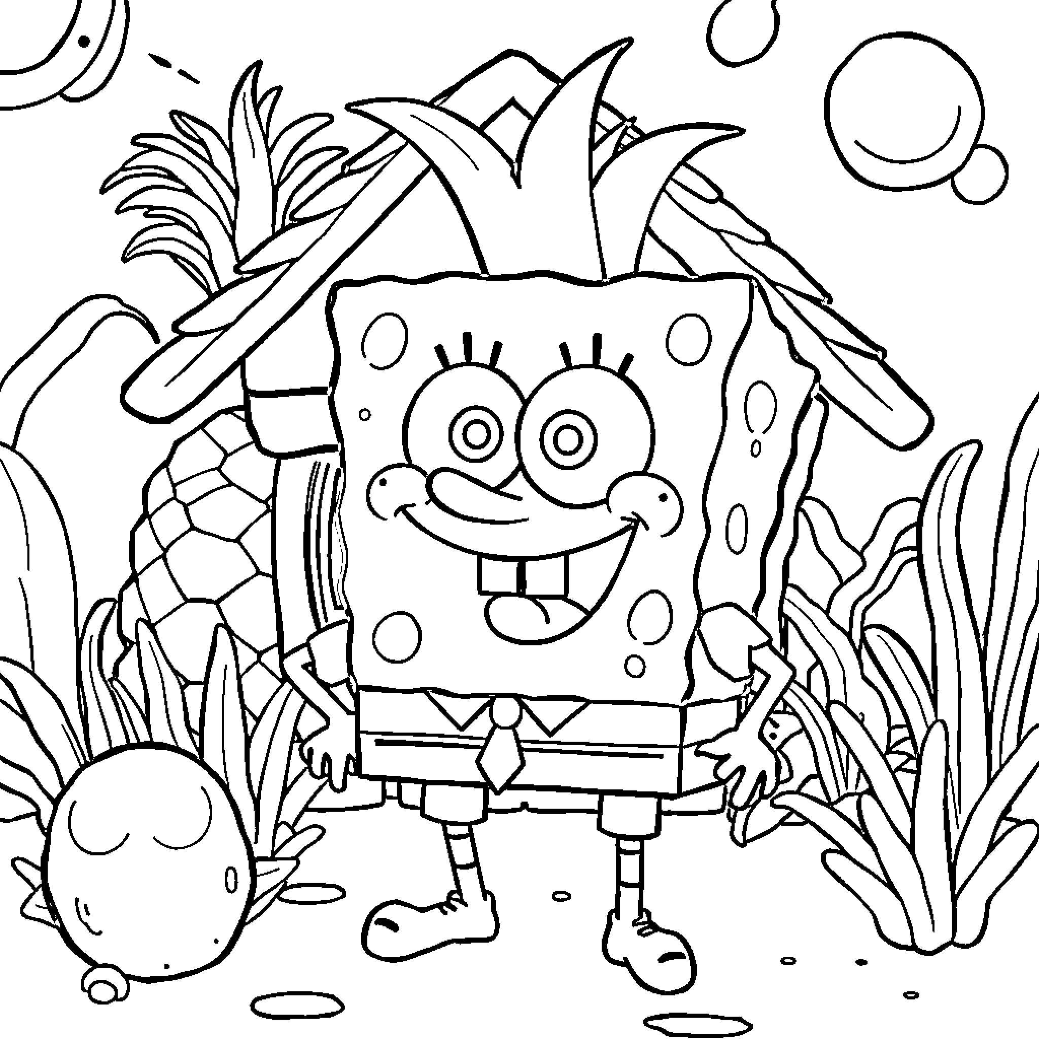 Spongebob playing joyfully in tropical underwater scene Coloring Page (free black-and-white line drawing printable PDF for all, from beginners to advanced learners, including children, teens, adults, and seniors)
