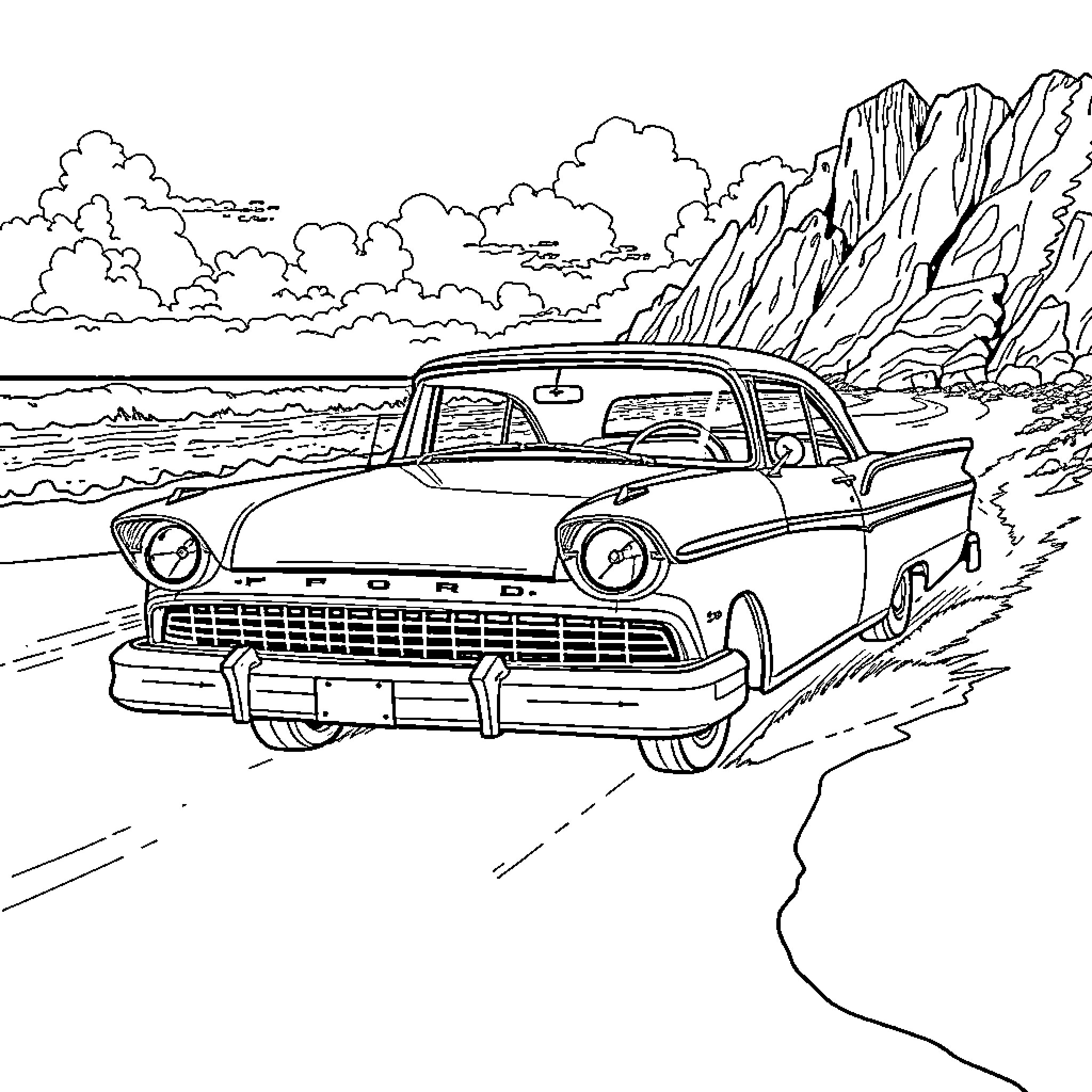 Ford classic car driving through scenic landscape Coloring Page (free black-and-white line drawing printable PDF for all, from beginners to advanced learners, including children, teens, adults, and seniors)