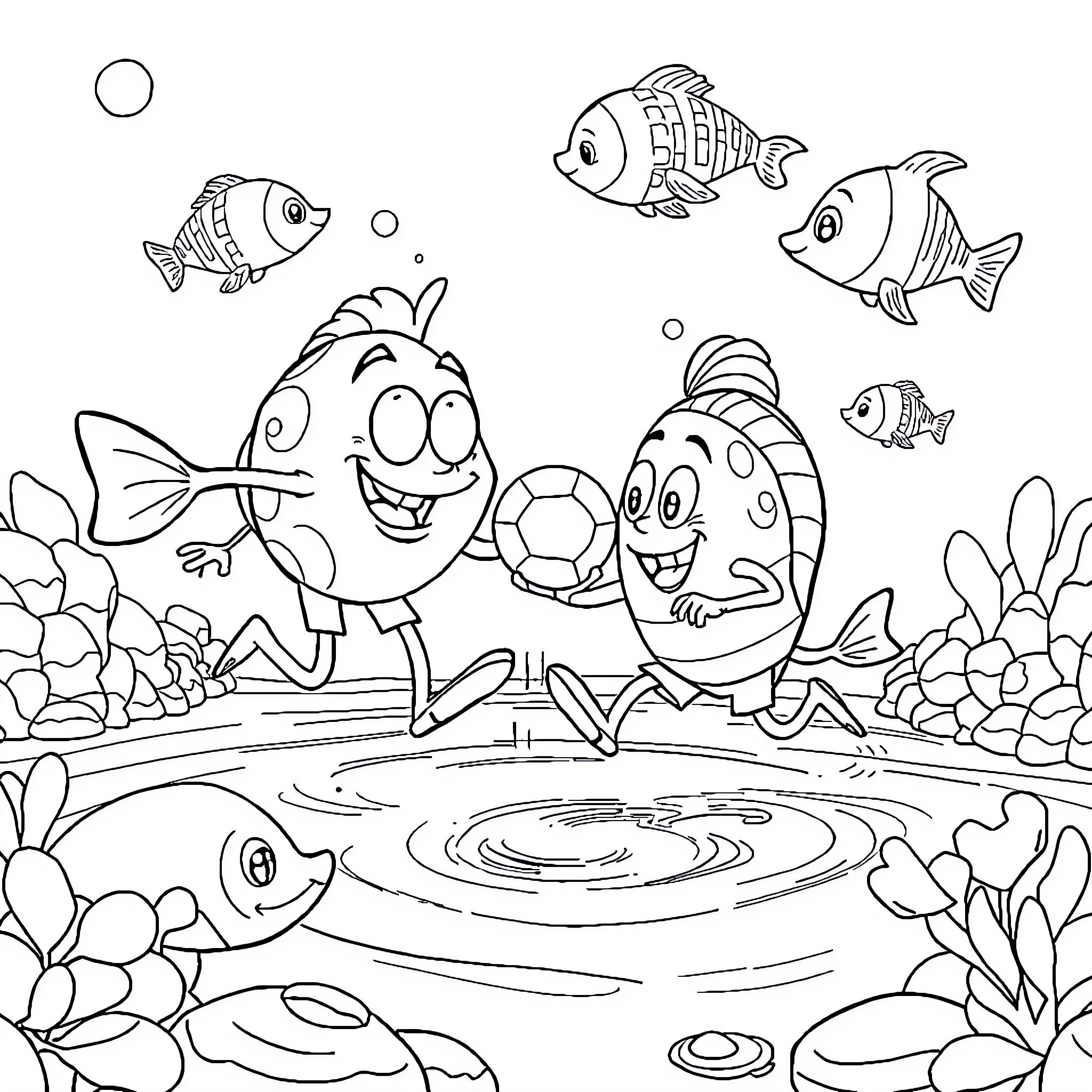 Bob esponja playing joyfully with friends in underwater scene Coloring Page (free black-and-white line drawing printable PDF for all, from beginners to advanced learners, including children, teens, adults, and seniors)