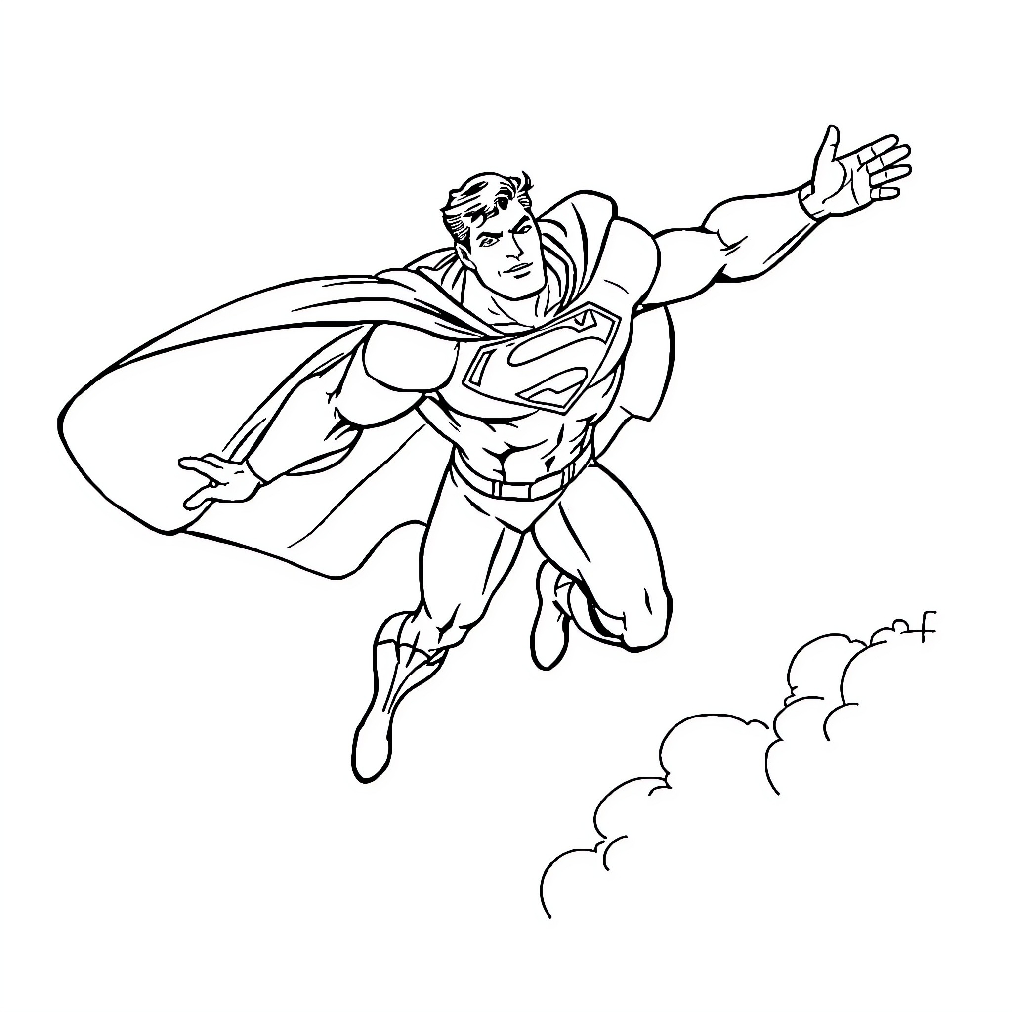 Superman soaring through the sky in action Coloring Page (free black-and-white line drawing printable PDF for all, from beginners to advanced learners, including children, teens, adults, and seniors)