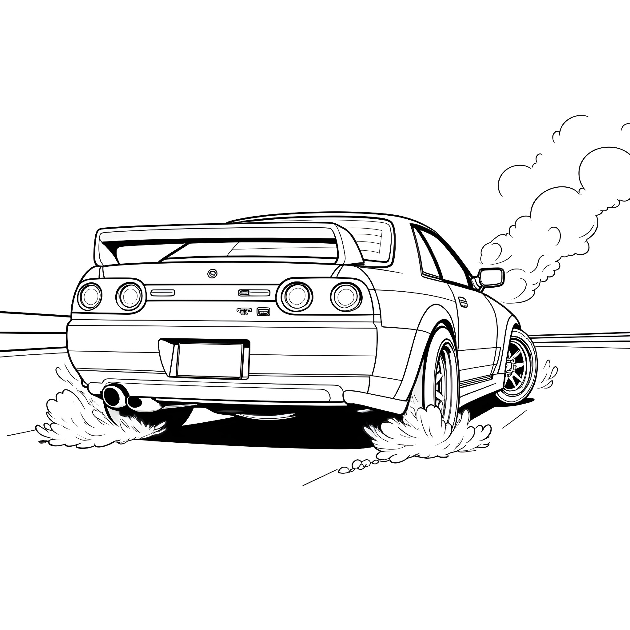 Nissan sports car speeding on the road Coloring Page (free black-and-white line drawing printable PDF for all, from beginners to advanced learners, including children, teens, adults, and seniors)