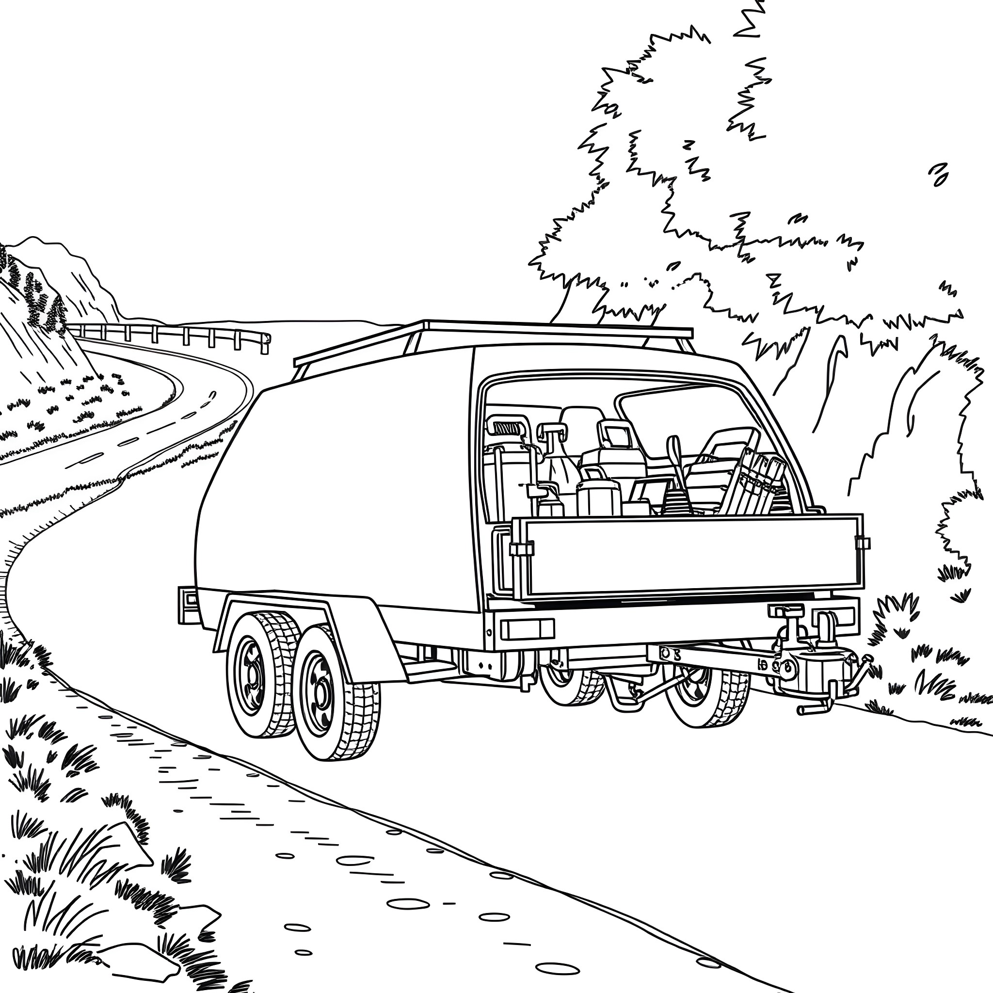 Car Trailer Carrying Household Items on the Road Coloring Page (free black-and-white line drawing printable PDF for all, from beginners to advanced learners, including children, teens, adults, and seniors)