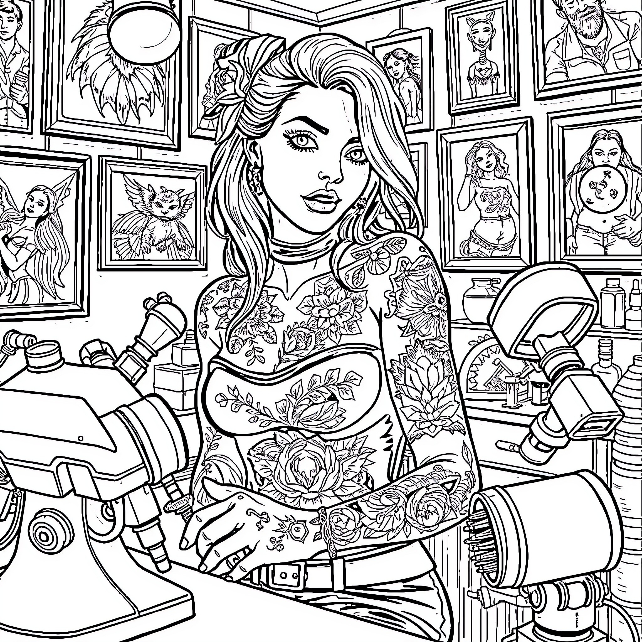 Tattoo Artist at Work in Her Studio Coloring Page (free black-and-white line drawing printable PDF for all, from beginners to advanced learners, including children, teens, adults, and seniors)