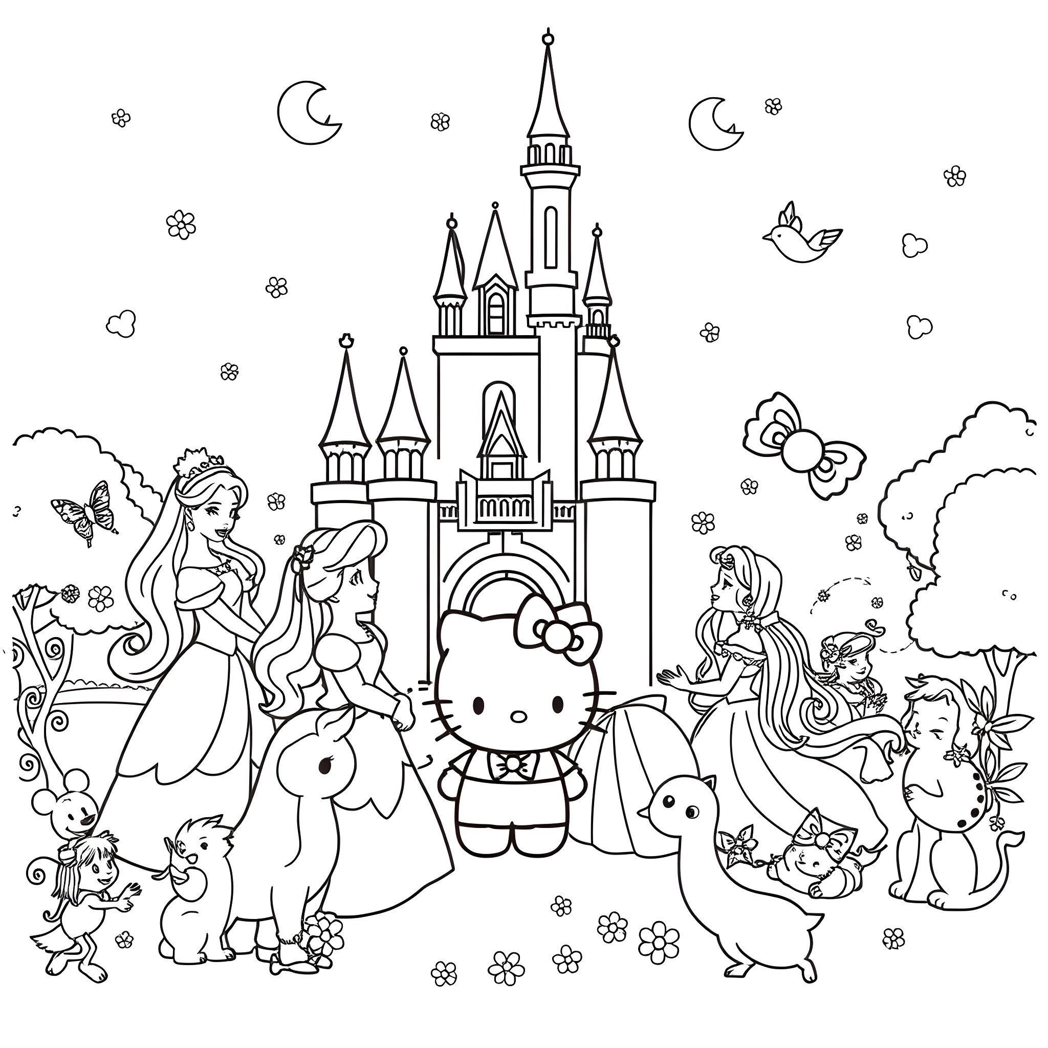 Hello Kitty and Friends Explore a Magical Castle Coloring Page (free black-and-white line drawing printable PDF for all, from beginners to advanced learners, including children, teens, adults, and seniors)