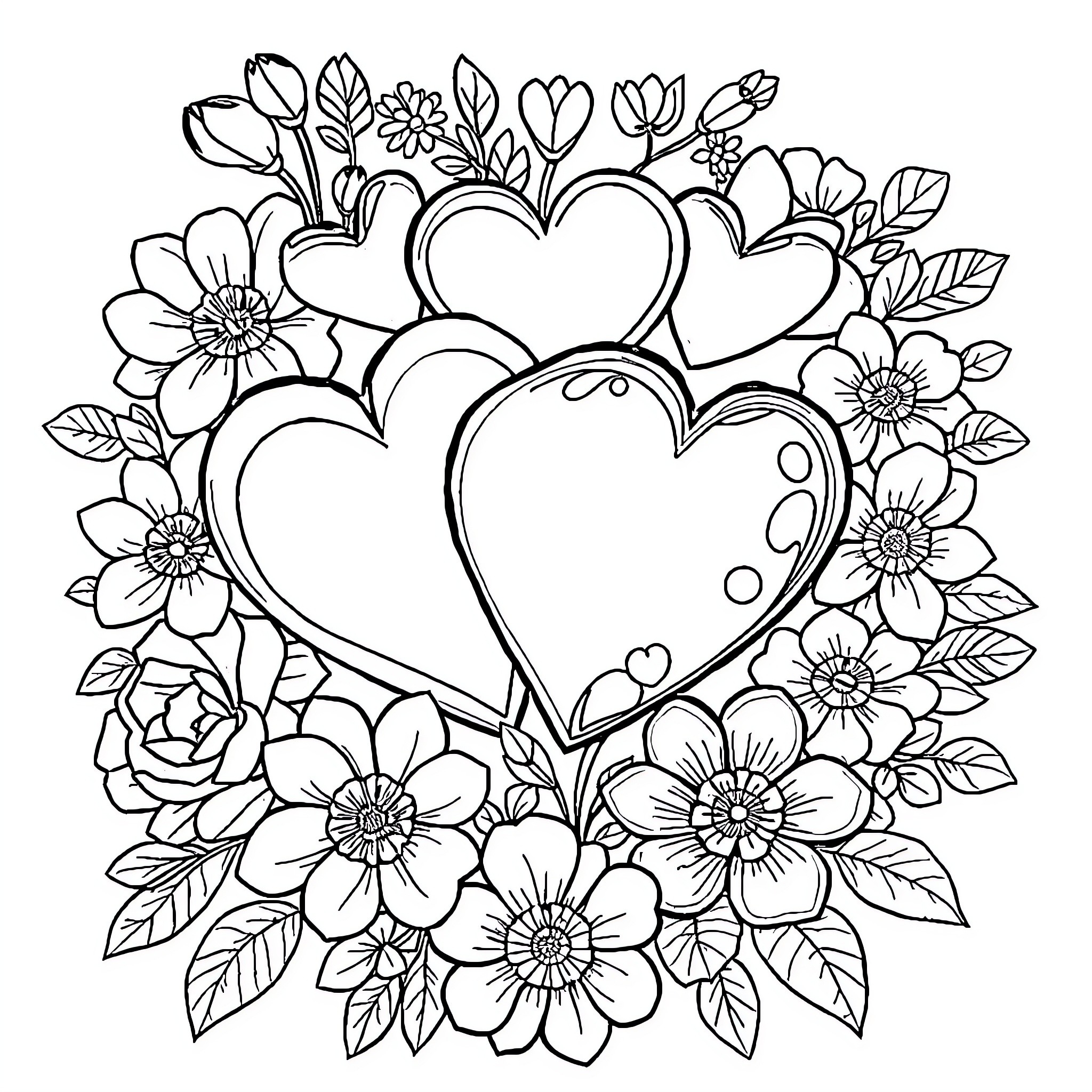 Heart-shaped Floral Bouquet Coloring Page (free black-and-white line drawing printable PDF for all, from beginners to advanced learners, including children, teens, adults, and seniors)