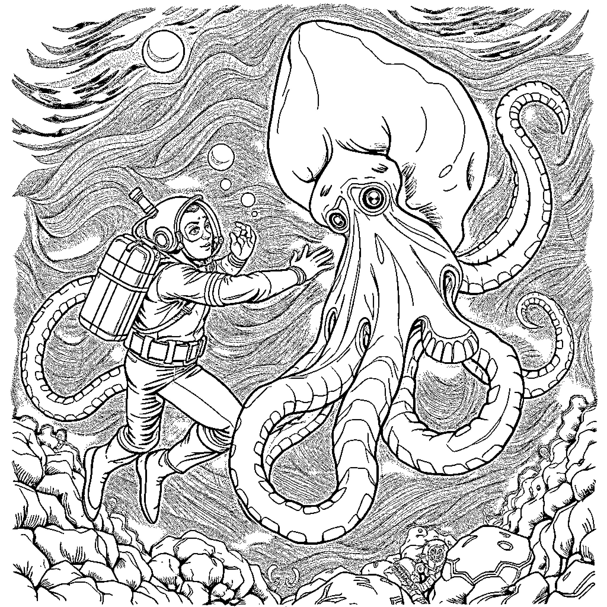 Diver exploring the deep sea with a giant octopus Coloring Page (free black-and-white line drawing printable PDF for all, from beginners to advanced learners, including children, teens, adults, and seniors)