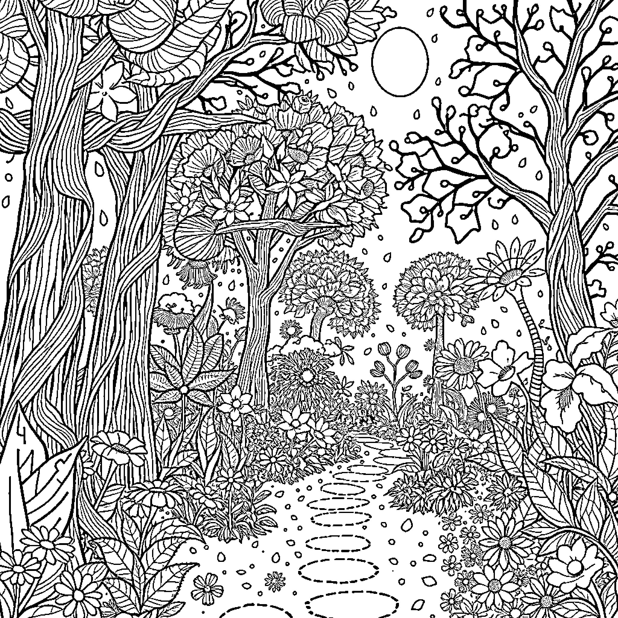 Yarn of whimsical garden adventure Coloring Page (free black-and-white line drawing printable PDF for all, from beginners to advanced learners, including children, teens, adults, and seniors)
