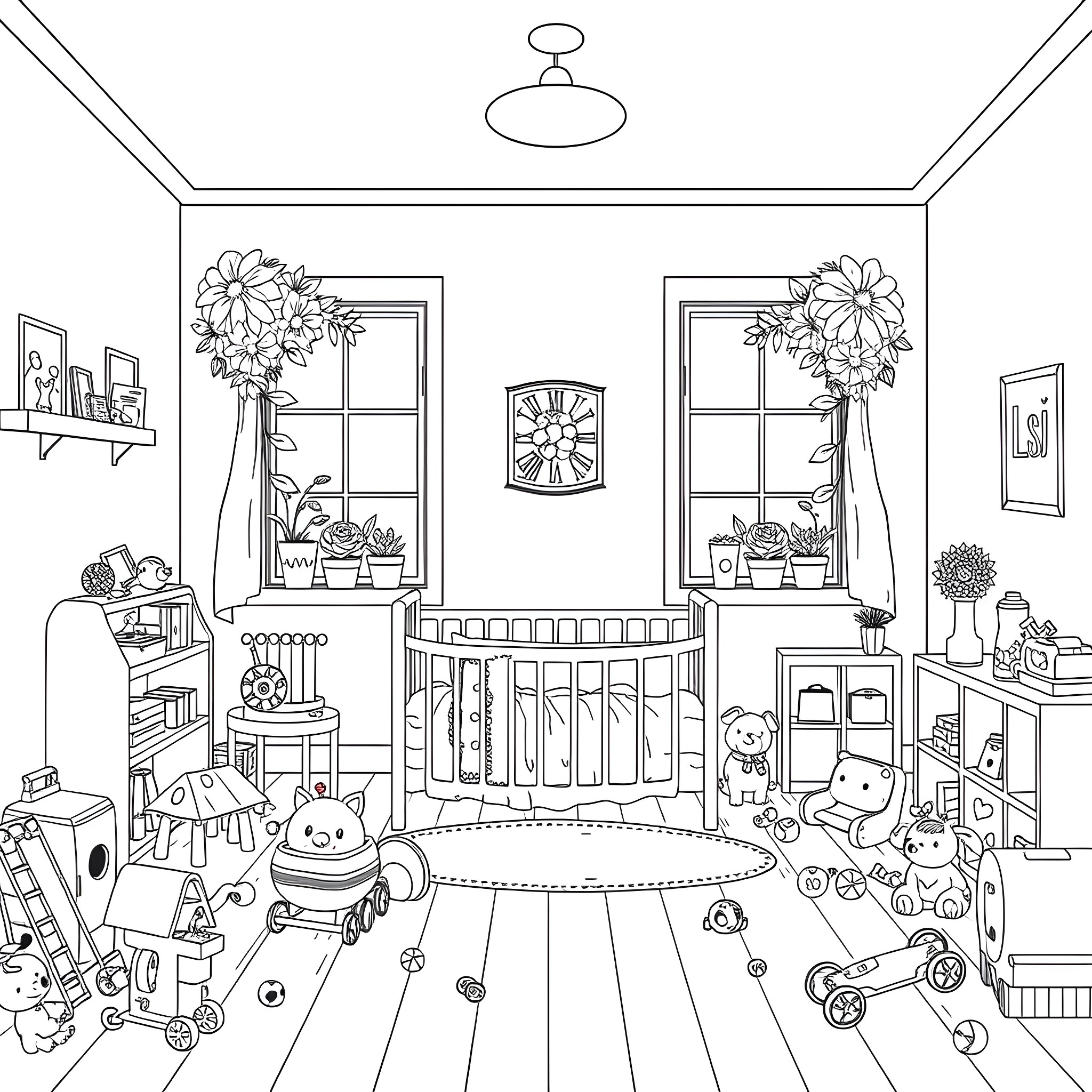 Playing Room with Toys and Flowers Coloring Page (free black-and-white line drawing printable PDF for all, from beginners to advanced learners, including children, teens, adults, and seniors)