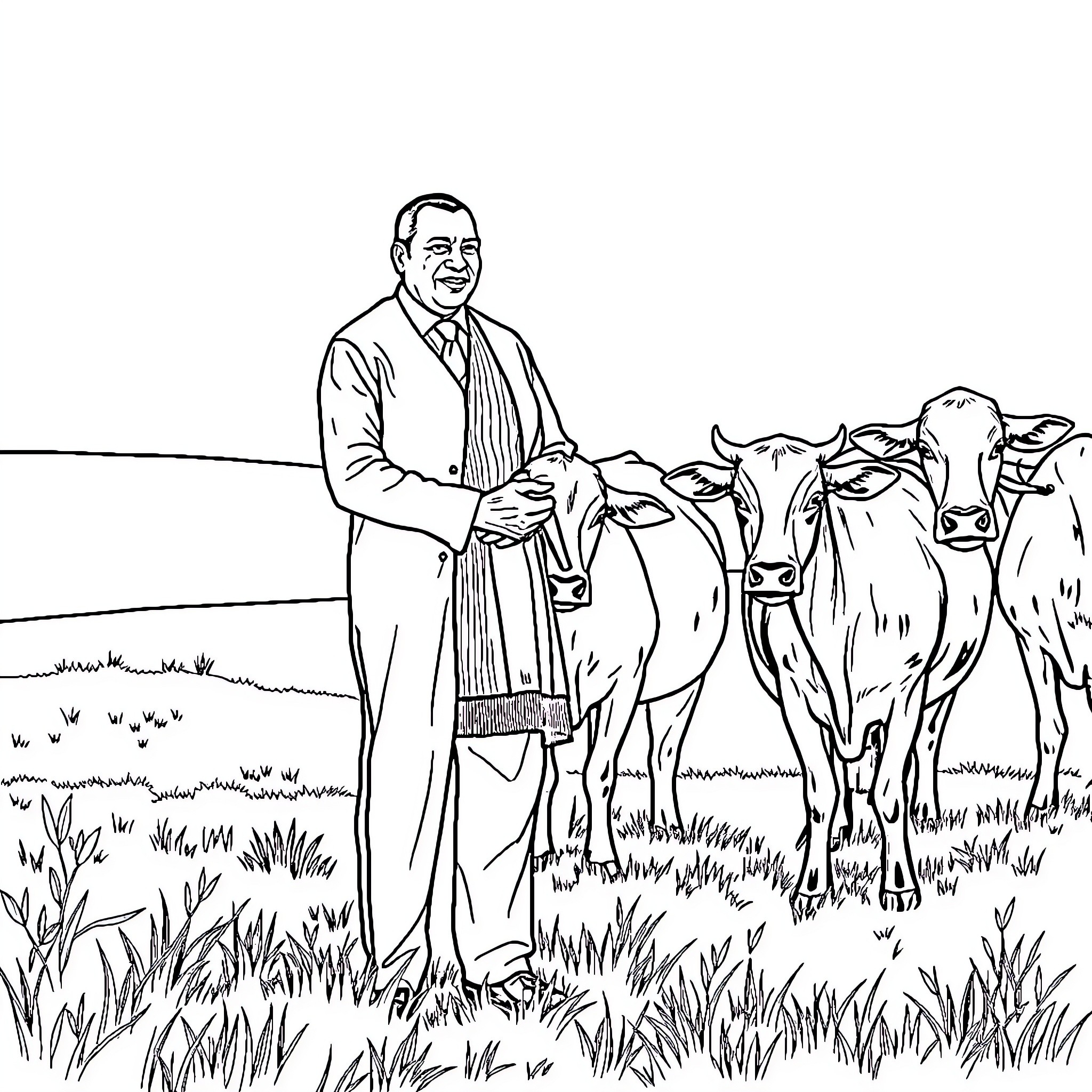 Cow farmer tending to his herd in the field Coloring Page (free black-and-white line drawing printable PDF for all, from beginners to advanced learners, including children, teens, adults, and seniors)
